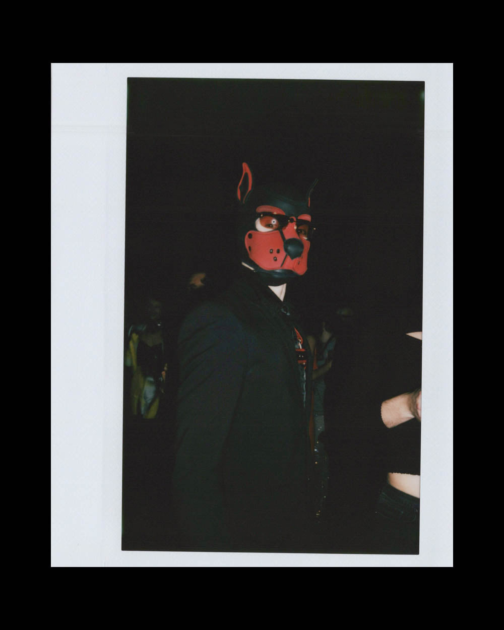 Person wearing a red and black dog mask and dark clothing standing against a black background in a dim setting