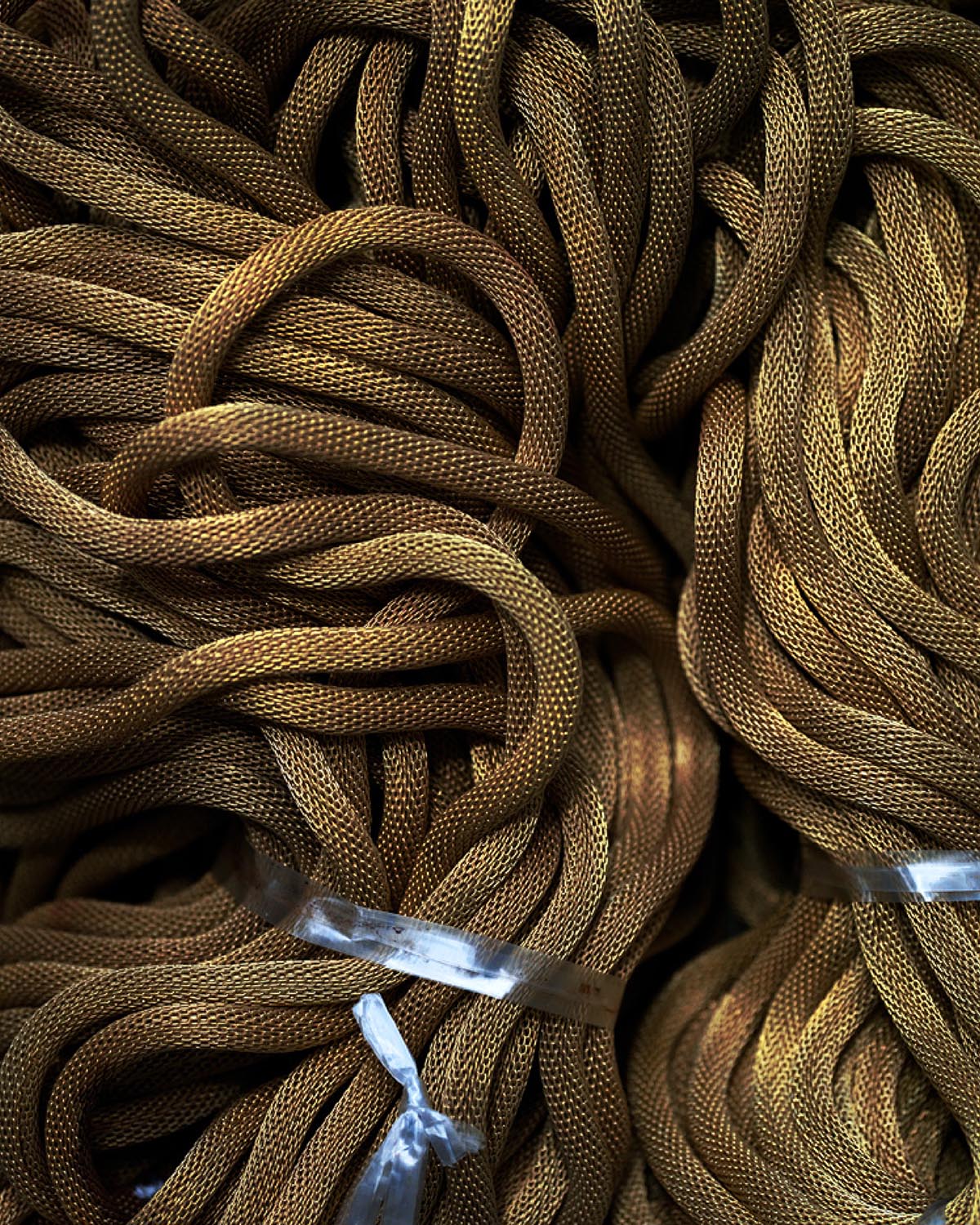 Close-up of tightly coiled bronze-colored braided cords bundled and secured with transparent ties against a dark background