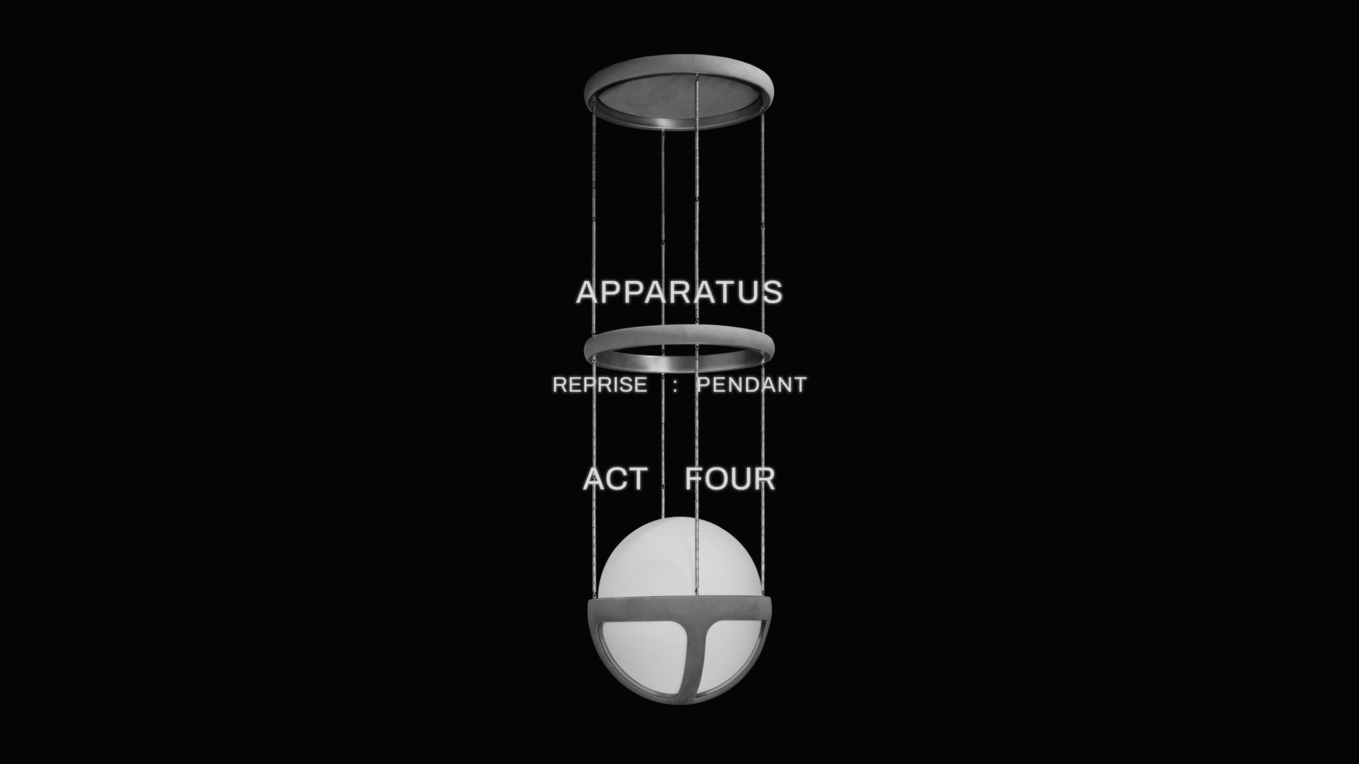 Modern pendant light fixture with a spherical white glass shade suspended by thin rods and round metal plates against black background