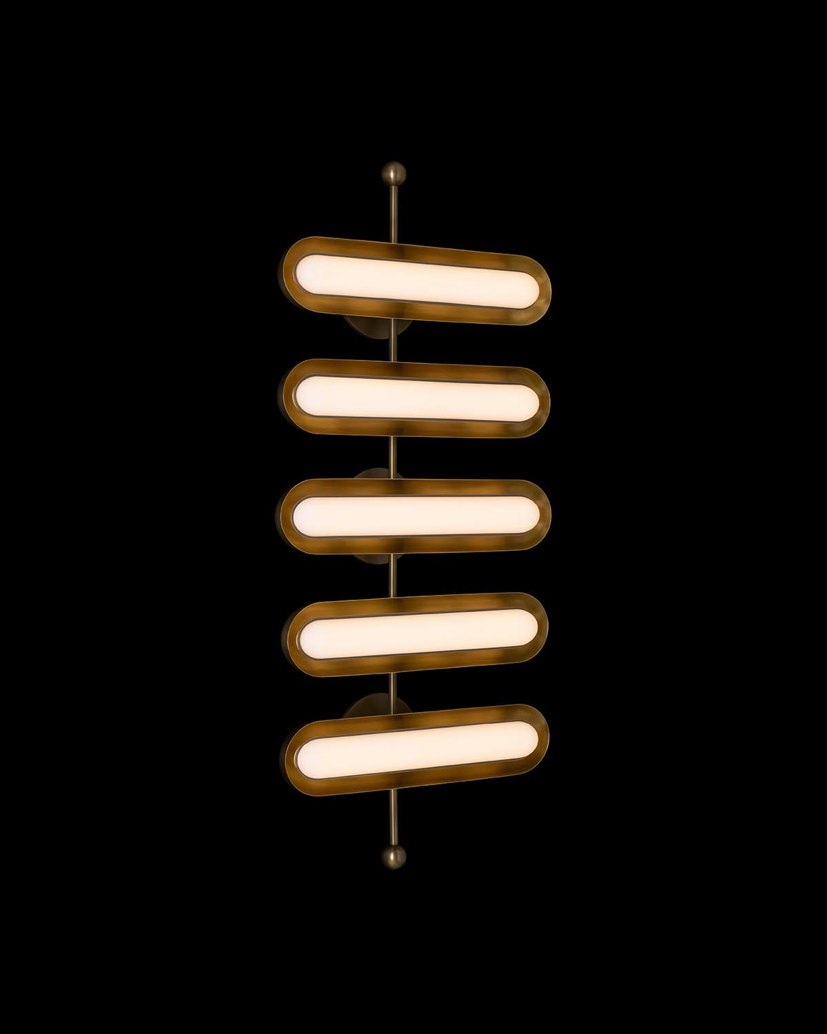 Vertical modern chandelier with five elongated oval lights in bronze finish against black background