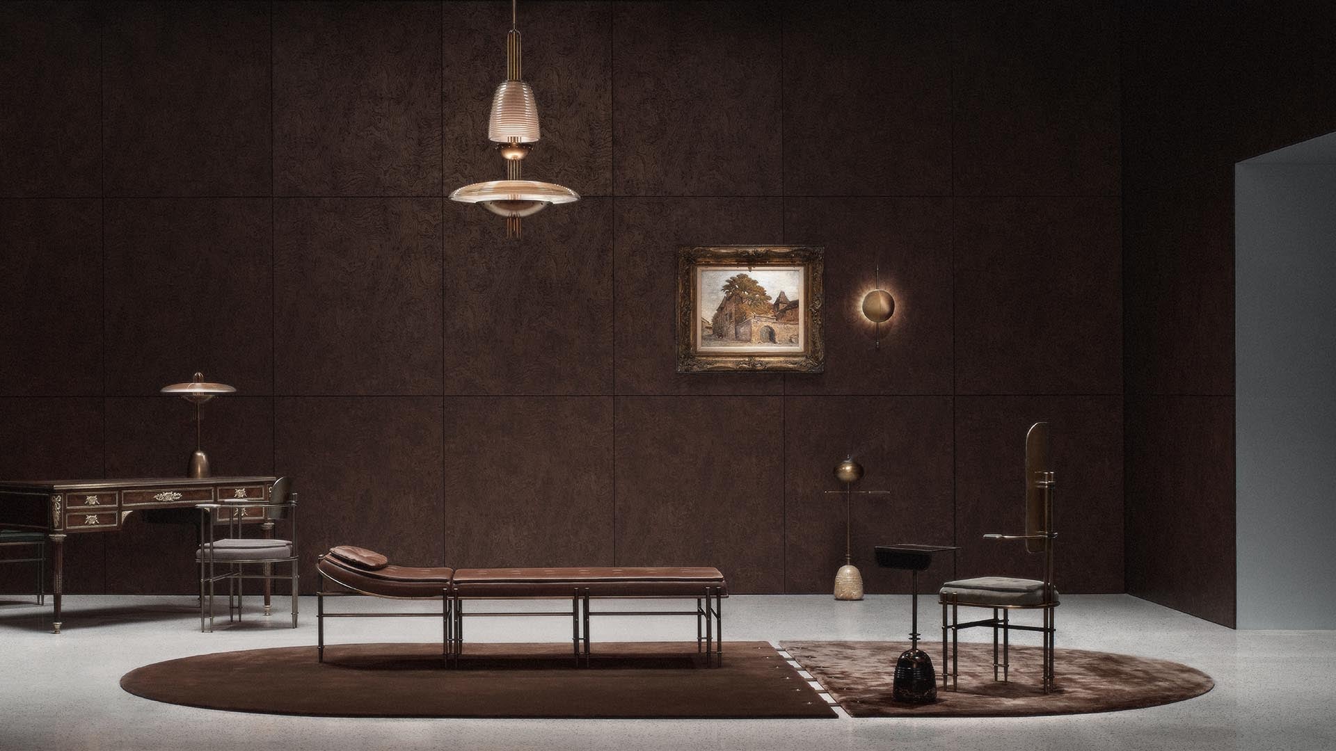 Minimalist interior with dark textured walls, leather chaise lounge, wooden desk, chairs, and modern pendant lighting over rug