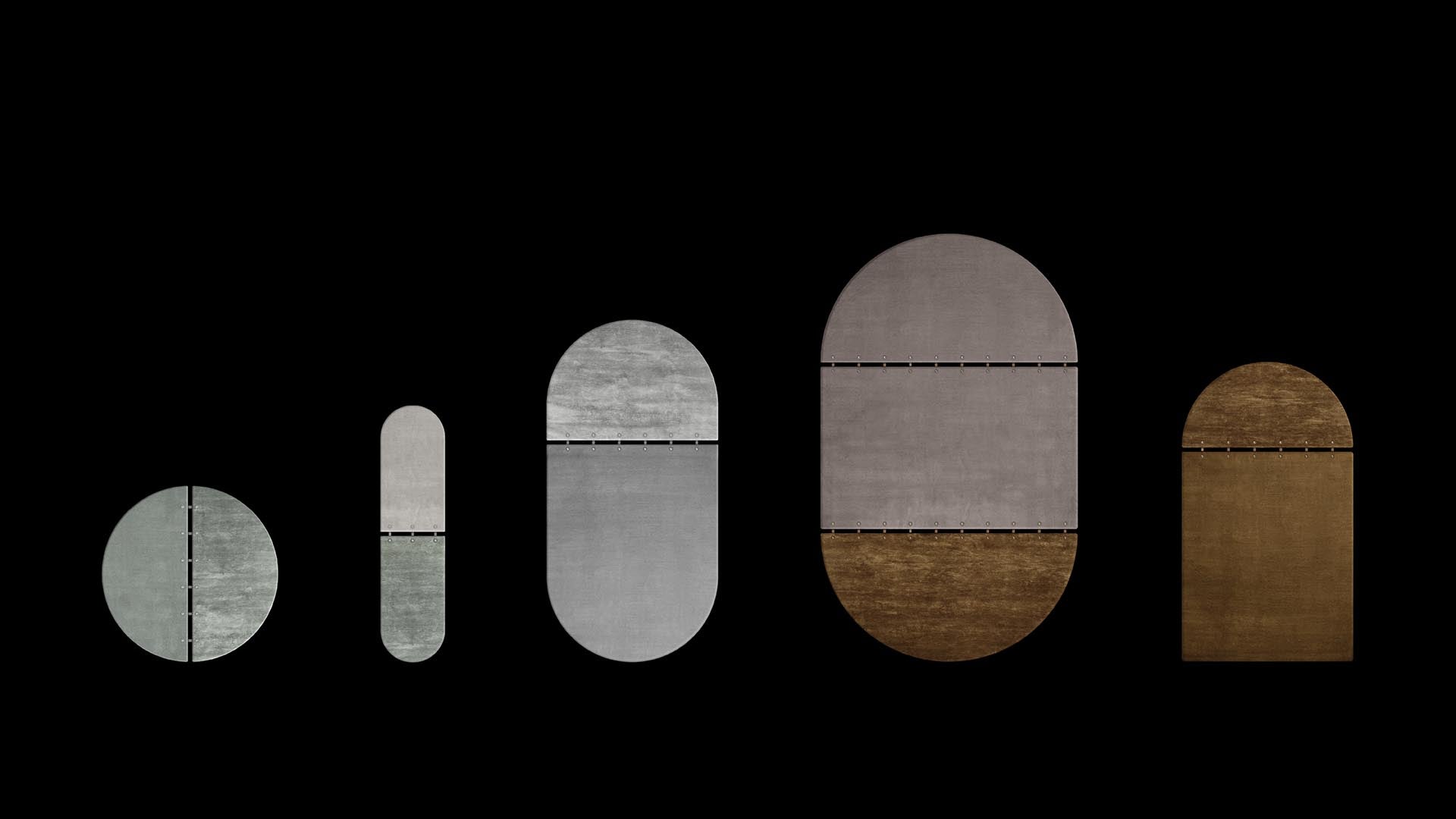 Set of five geometric shapes in varying sizes and two-tone textures arranged horizontally on a black background