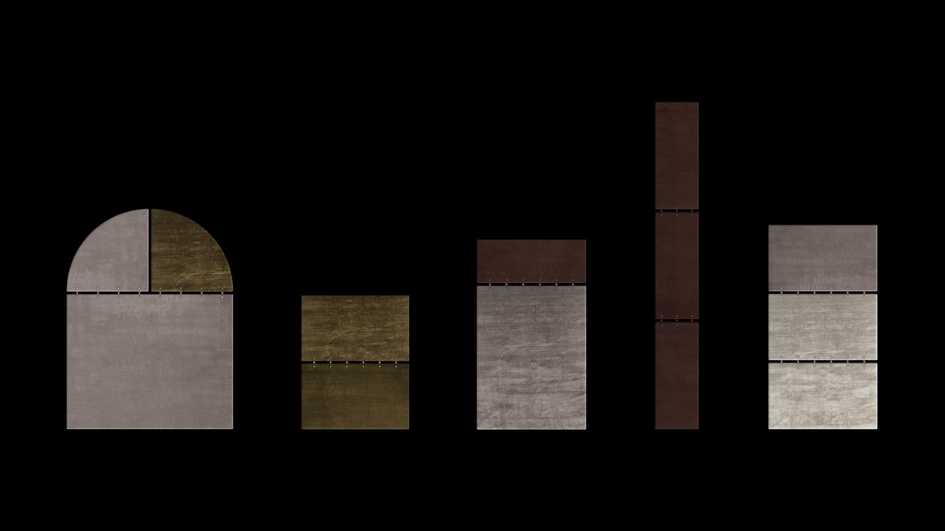 Arranged geometric shapes including semicircle, rectangles, and squares with textured surfaces on black background