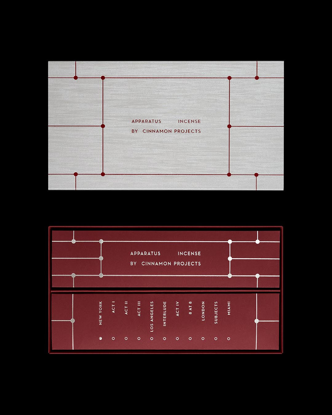Rectangular incense box with minimalist circuit-like line design and white text on gray and deep red backgrounds against black backdrop