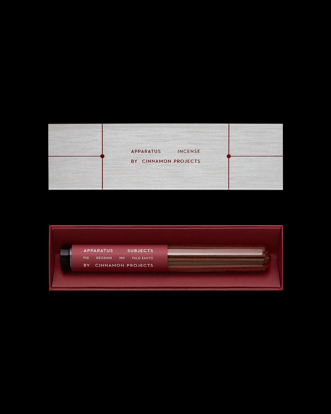 Minimalist rectangular box with a tube of incense sticks labeled "Subjects" by Cinnamon Projects on a black background