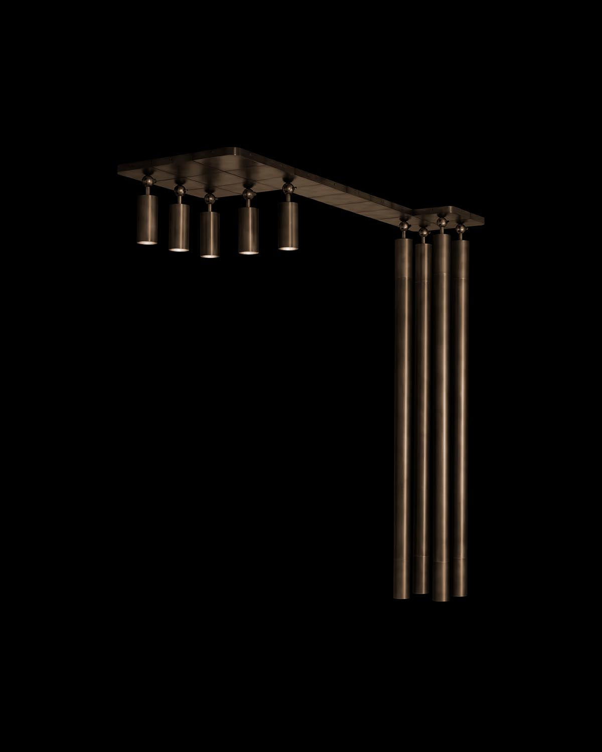 Minimalist ceiling fixture with five cylindrical pendant lights and four vertical tubes in matte dark bronze finish against black background