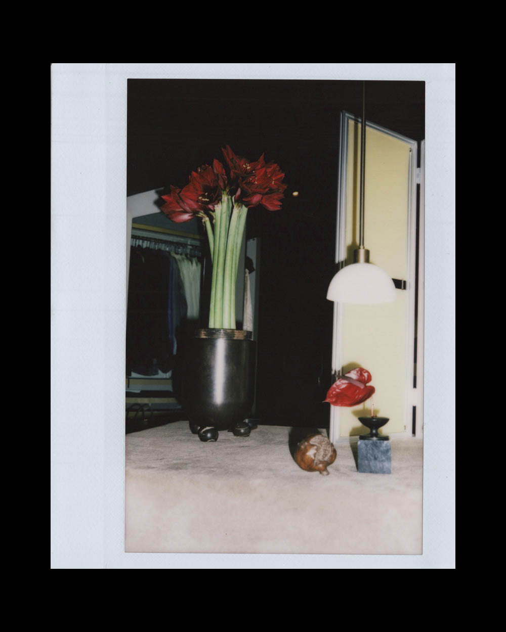 Tall black vase with red flowers on a table next to a hanging white lamp and decorative objects against a dark background