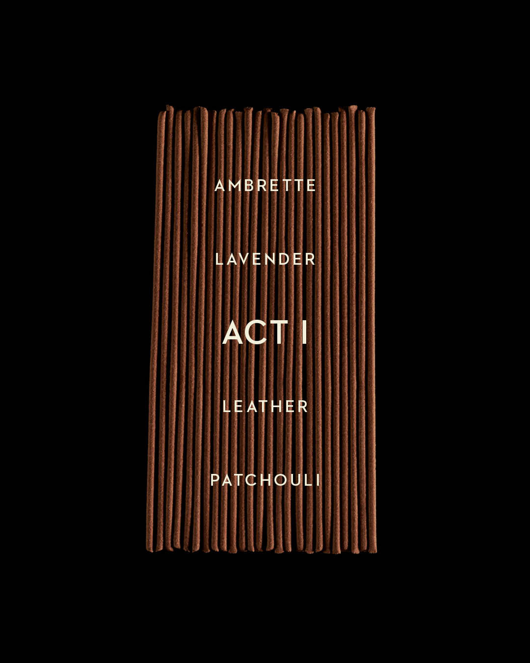 Rows of dark brown incense sticks arranged vertically with scent notes listed on black background