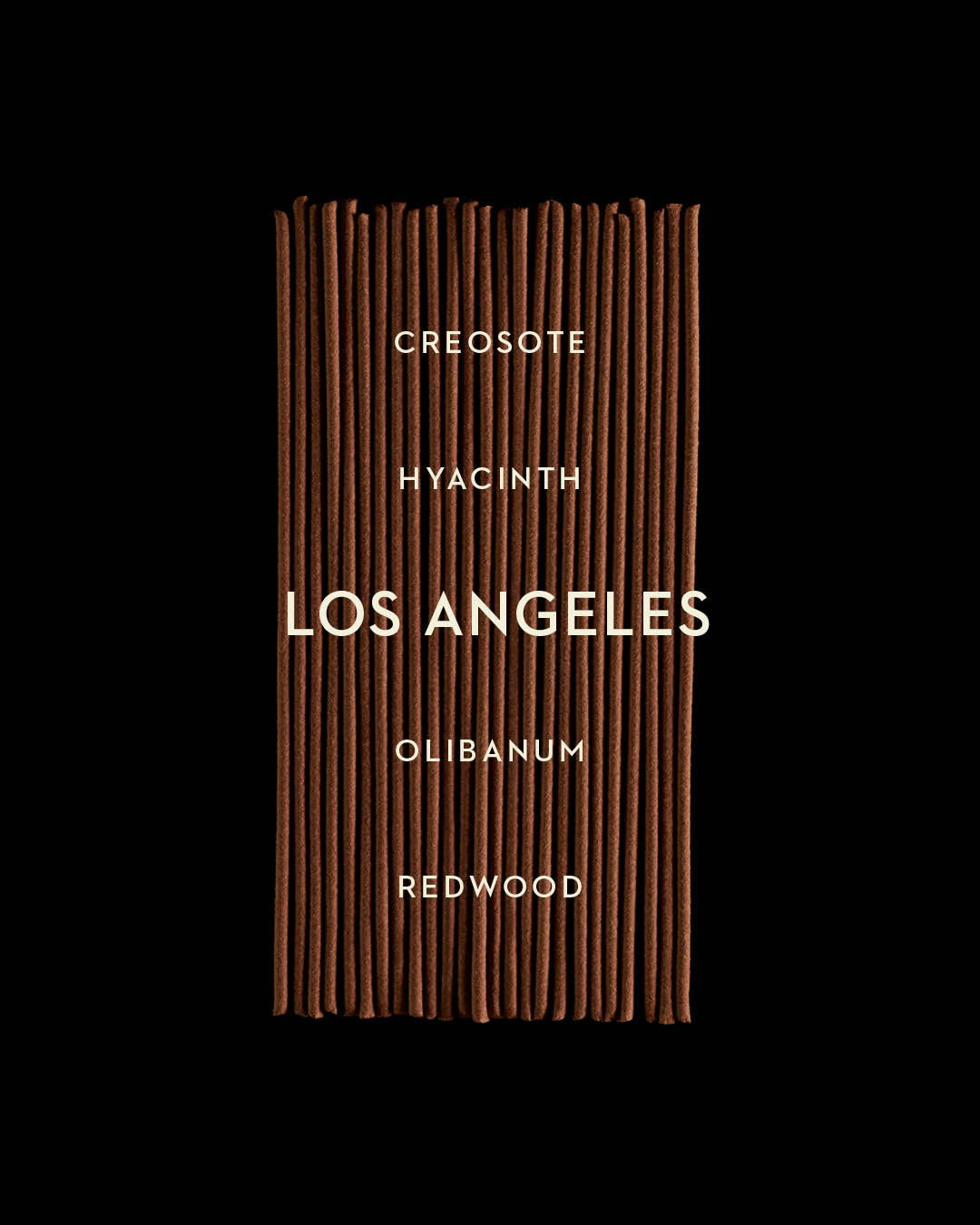 Close-up of thin brown incense sticks neatly aligned vertically on a black background with white text listing scent notes