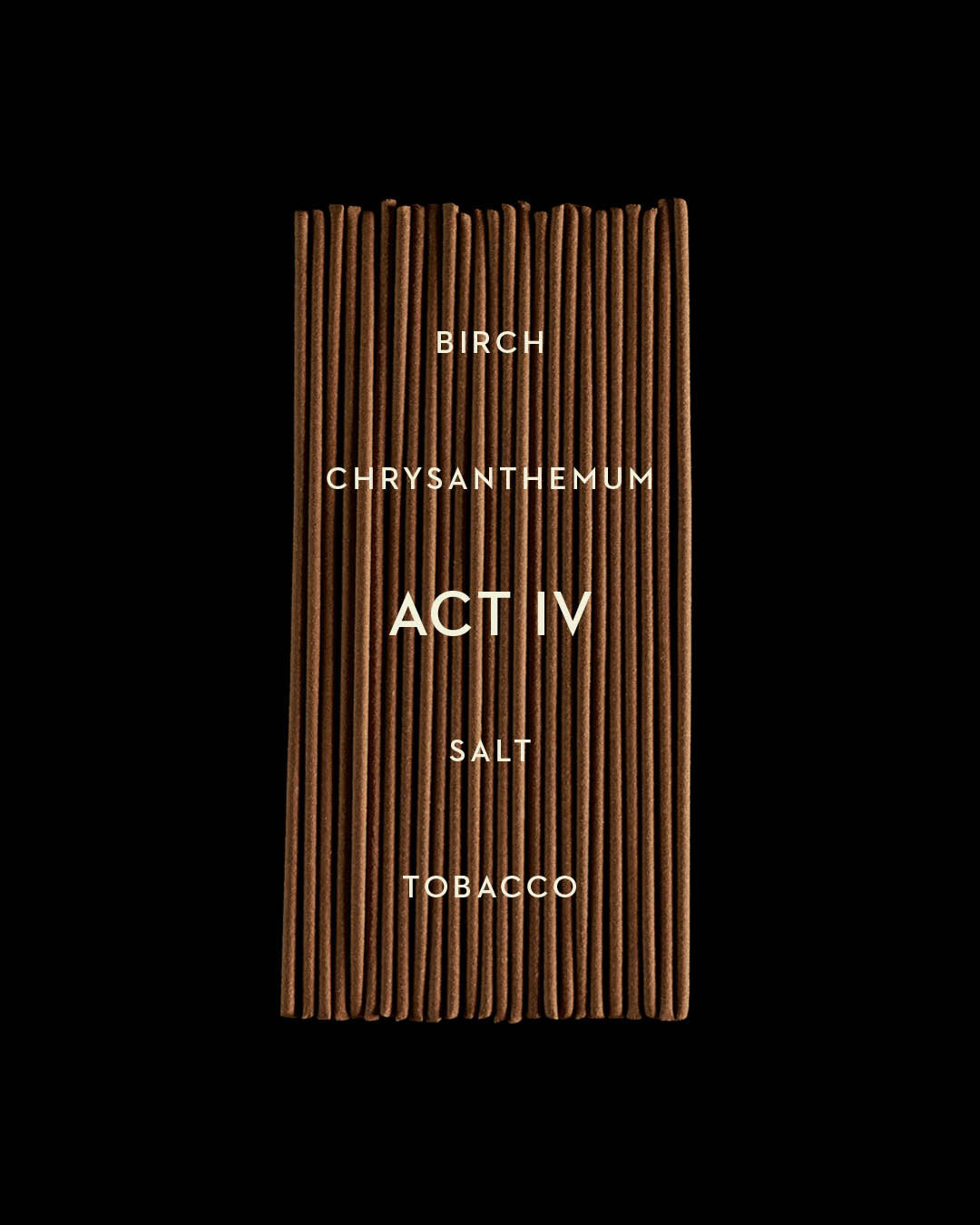 Stack of brown incense sticks arranged vertically with white text listing scents on a black background