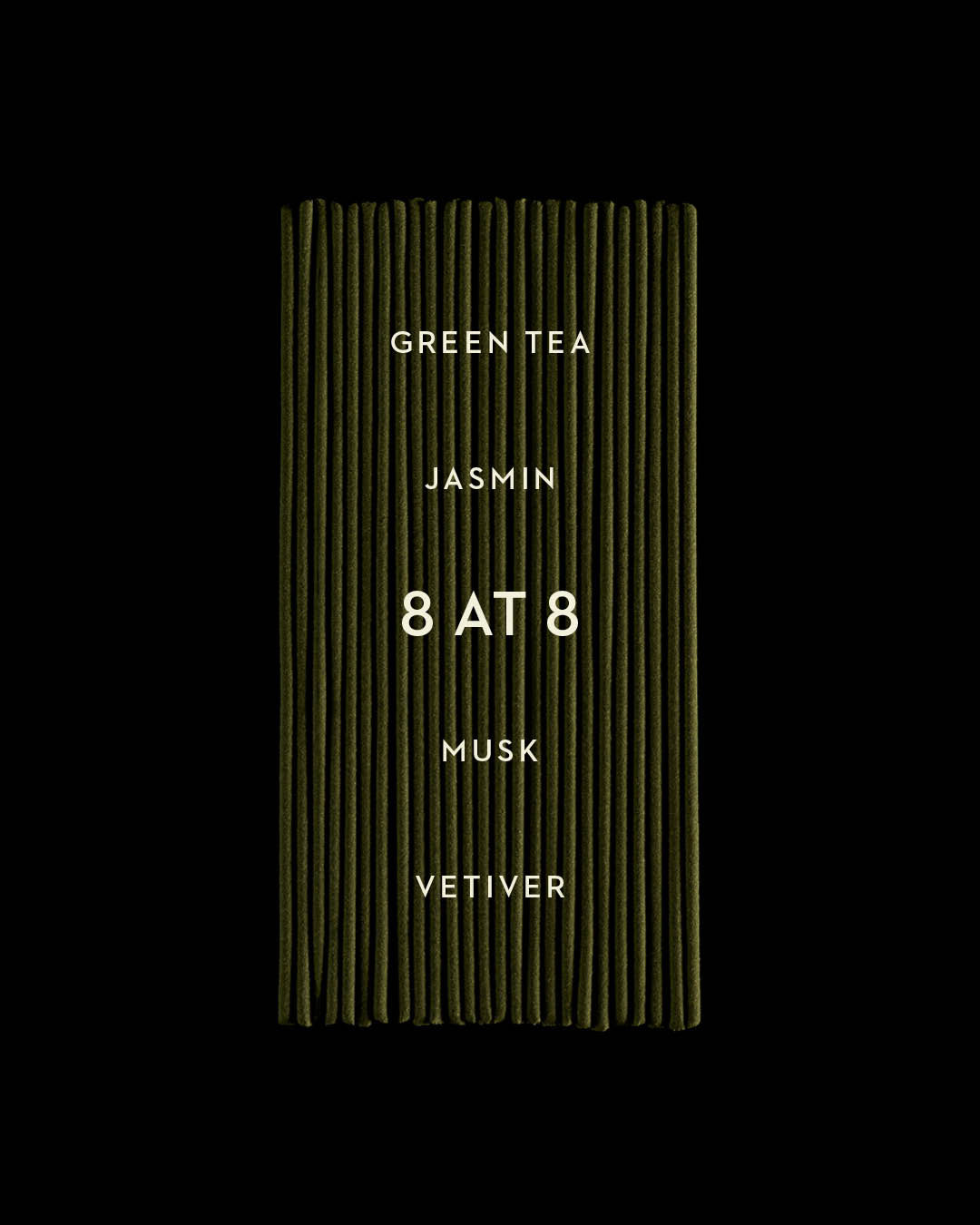 Vertical arrangement of green incense sticks with white text listing scents on a black background