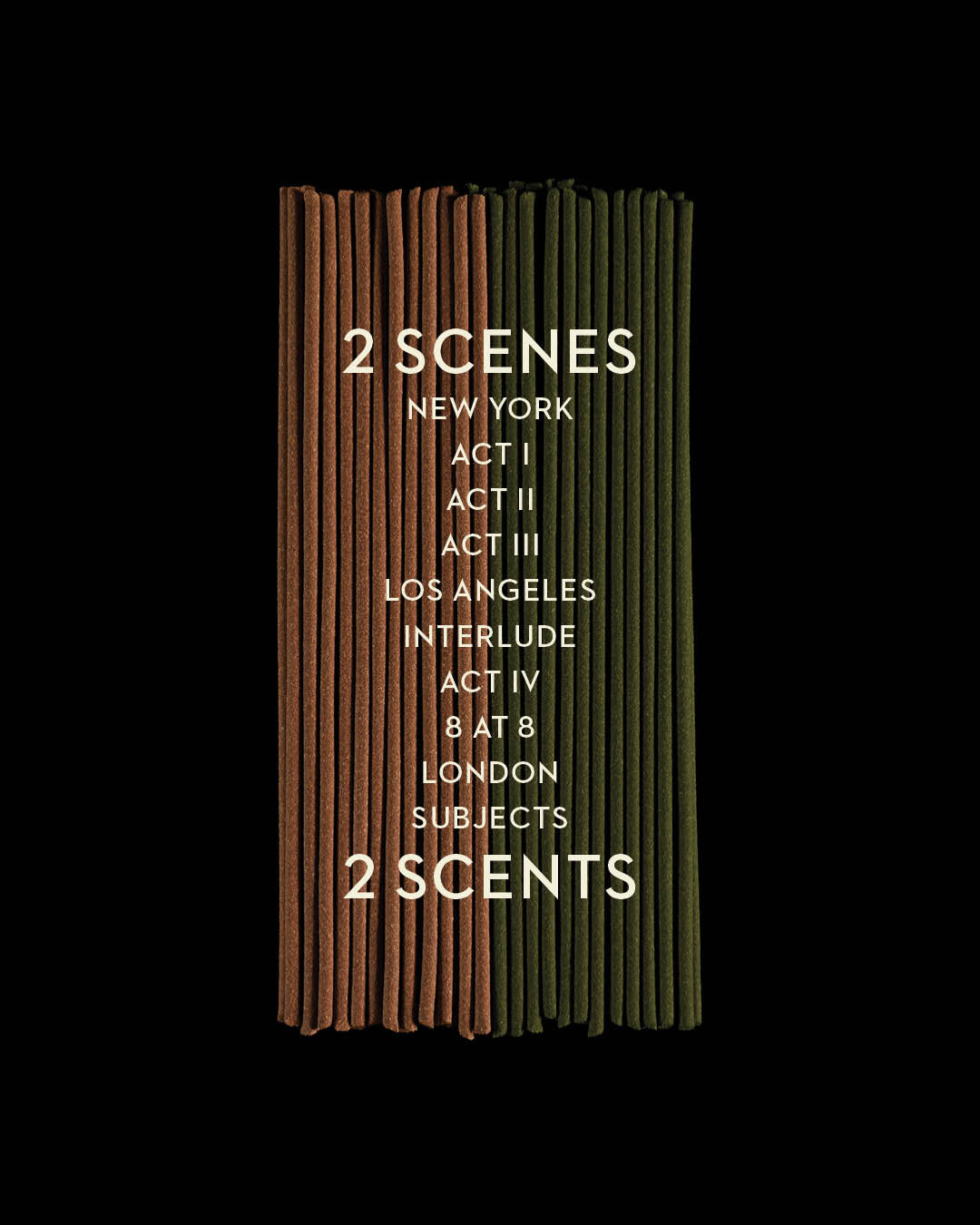 Two bundles of incense sticks in brown and green colors arranged vertically with white text listing scenes and scents against black background