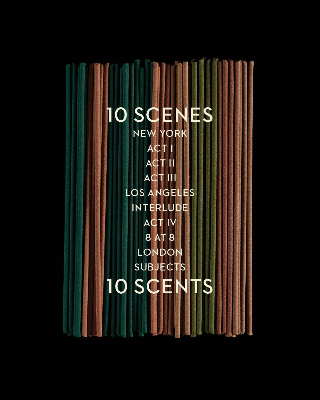 Assortment of earthy-toned incense sticks arranged vertically with text listing ten scenes and scents on black background