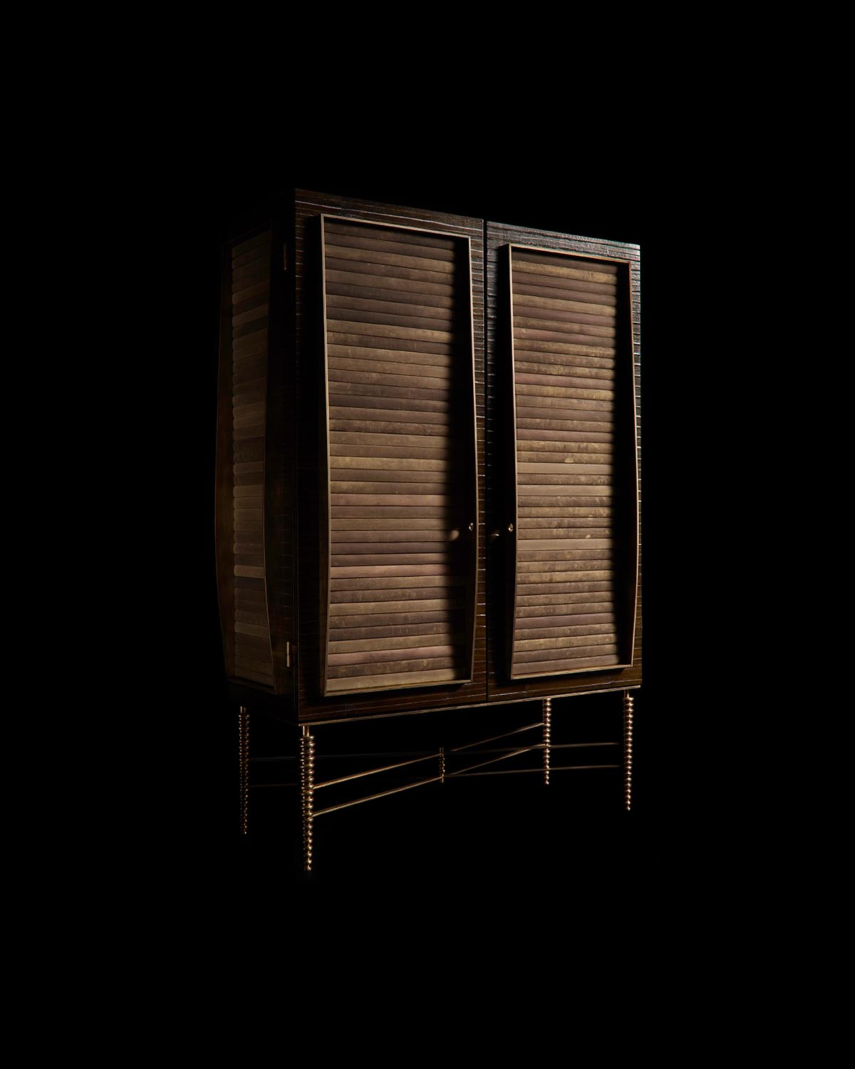 Tall wooden cabinet with slatted doors and slender legs against a black background