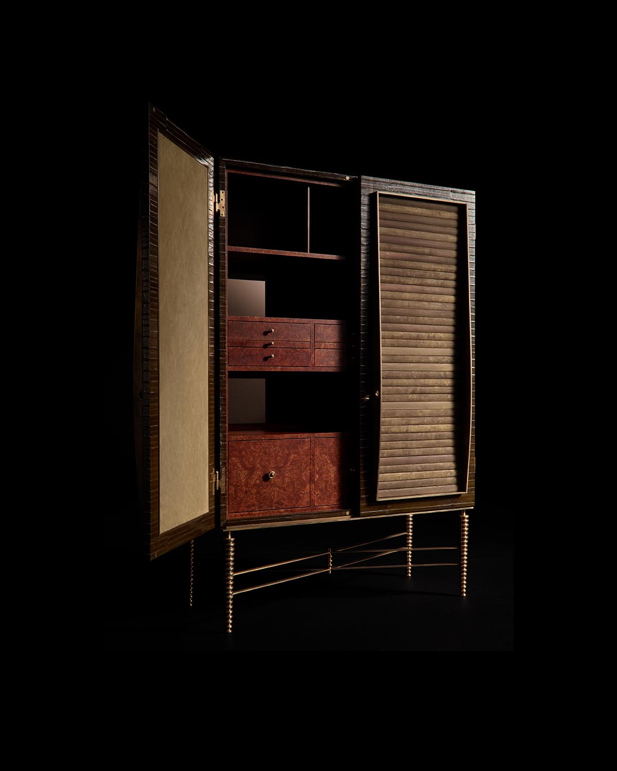 Tall cabinet with textured wooden doors, open to reveal multiple shelves and drawers, standing on slender metallic legs against black background