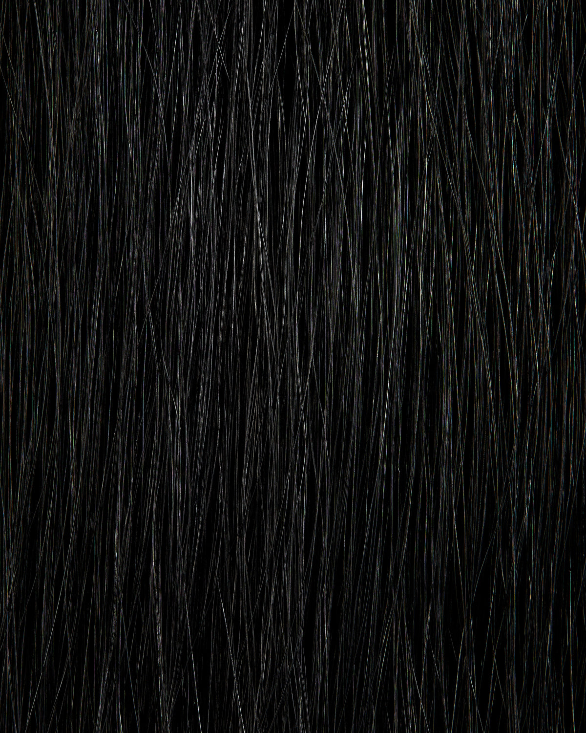 Close-up of densely packed, fine black hair strands with subtle natural shine on a dark background