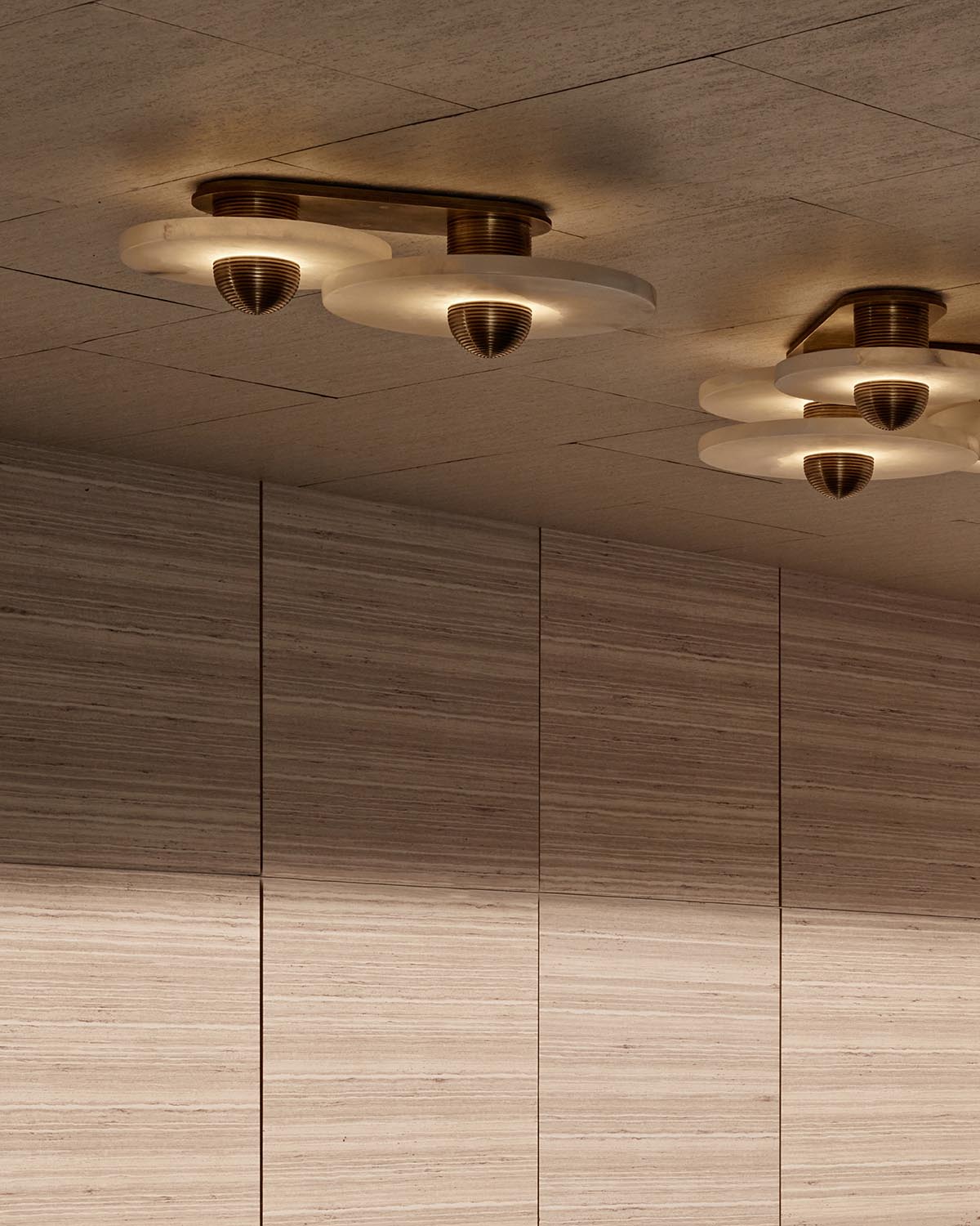 Ceiling-mounted light fixtures with frosted glass discs and bronze metal accents above wooden paneled wall