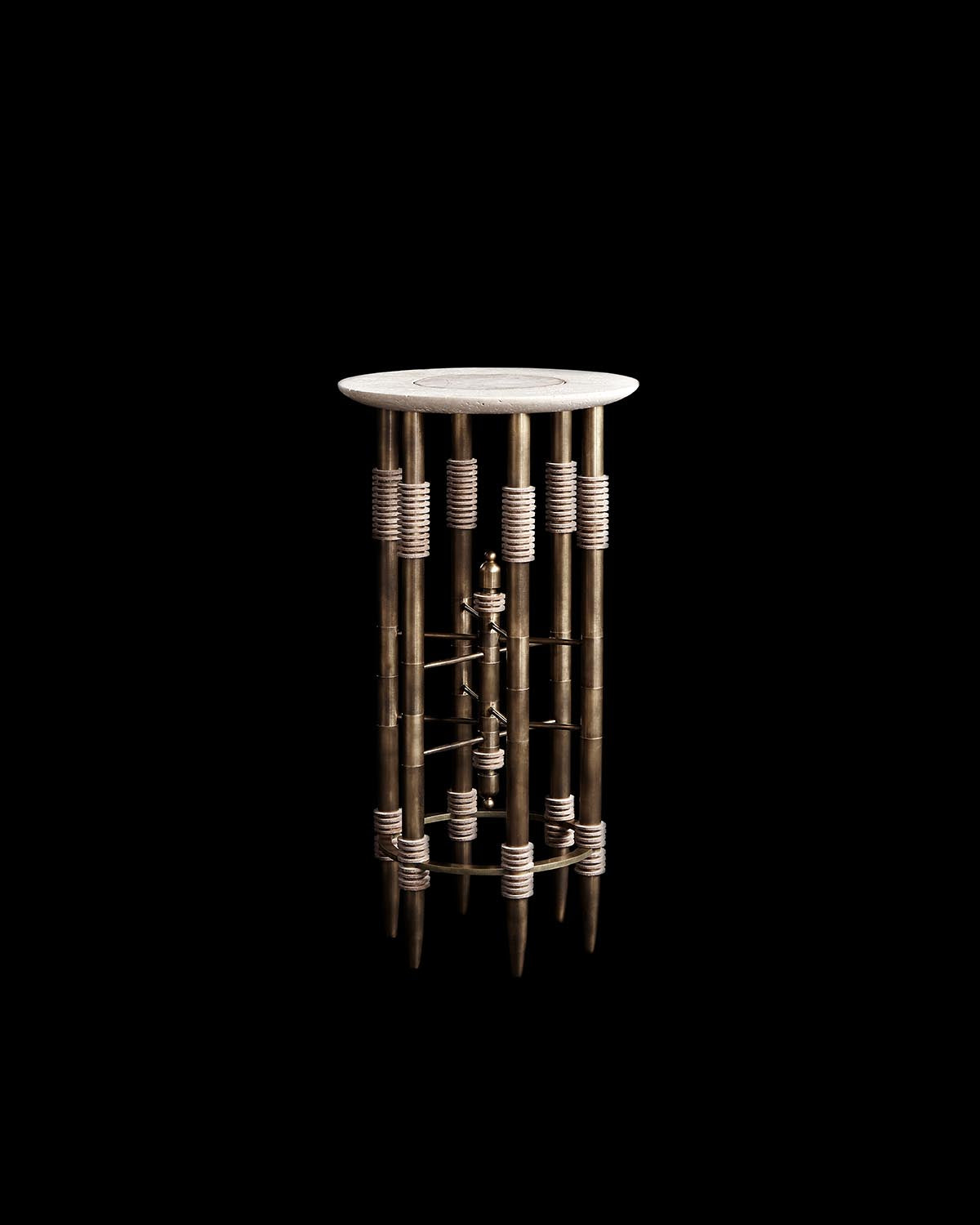 Minimalist cocktail table with round light stone top supported by vertical bronze rods wrapped in light rope details on black background