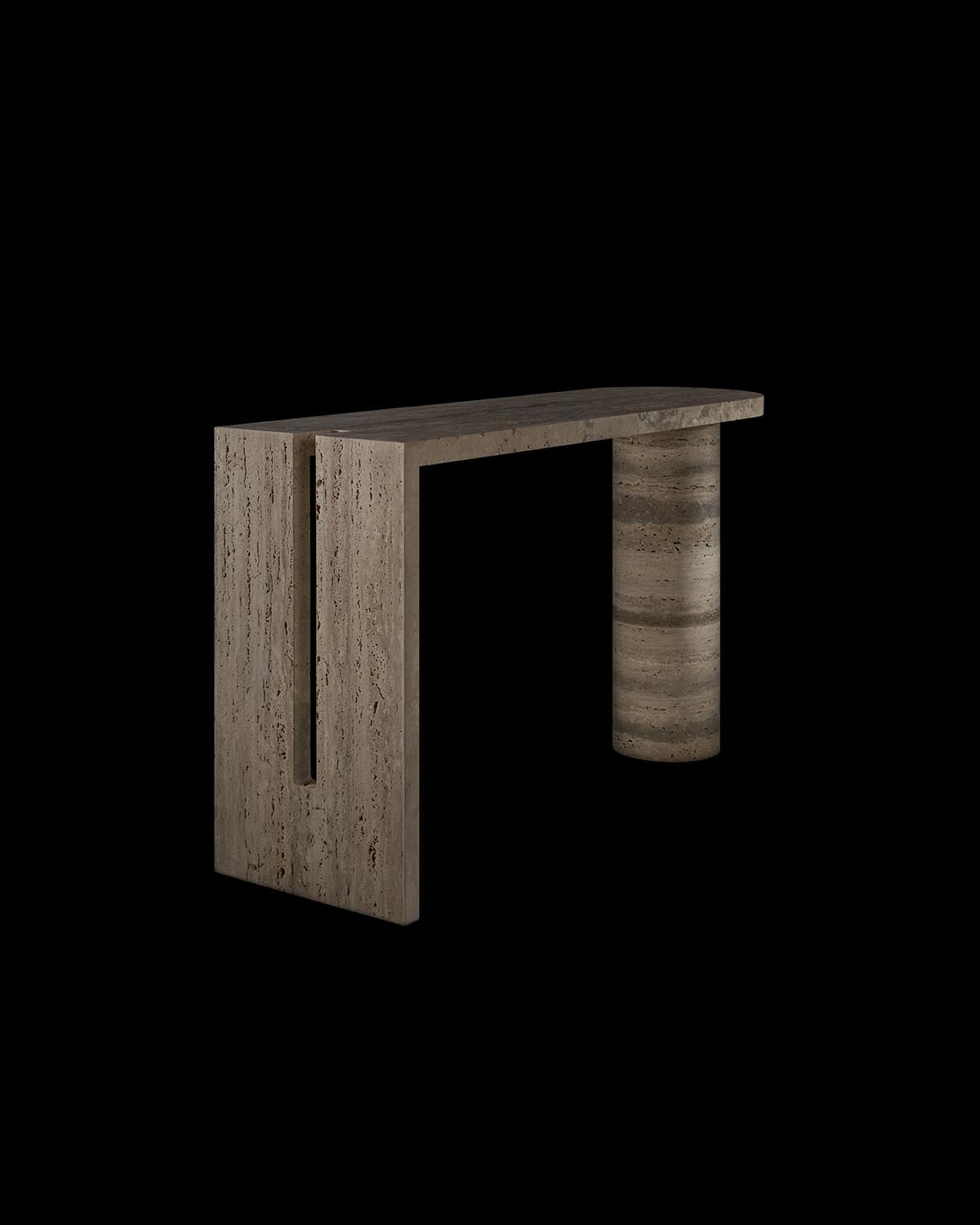 Minimalist console table in textured stone with rectangular and cylindrical legs against a black background