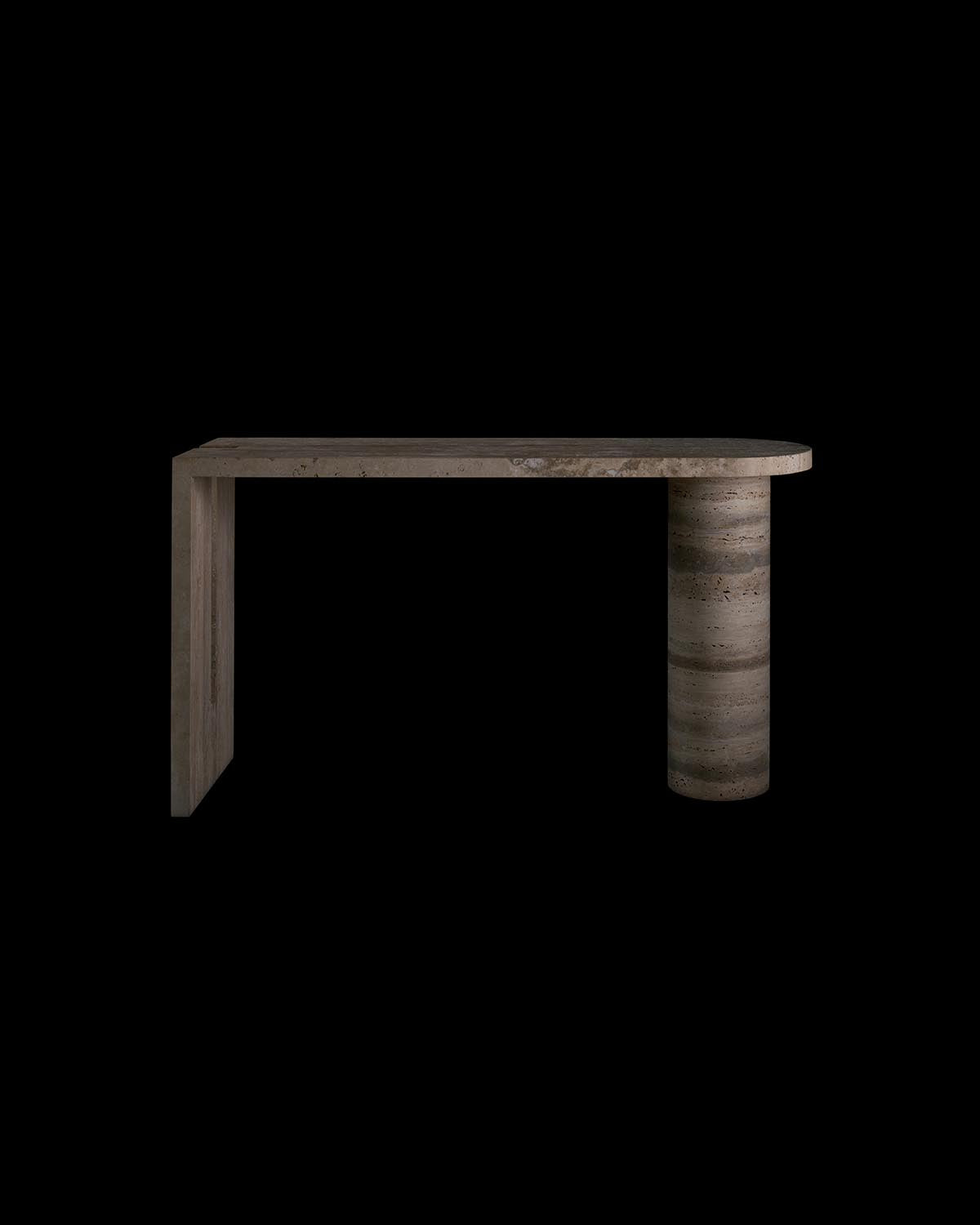 Minimalist console table with a rectangular top and cylindrical stone base against a black background