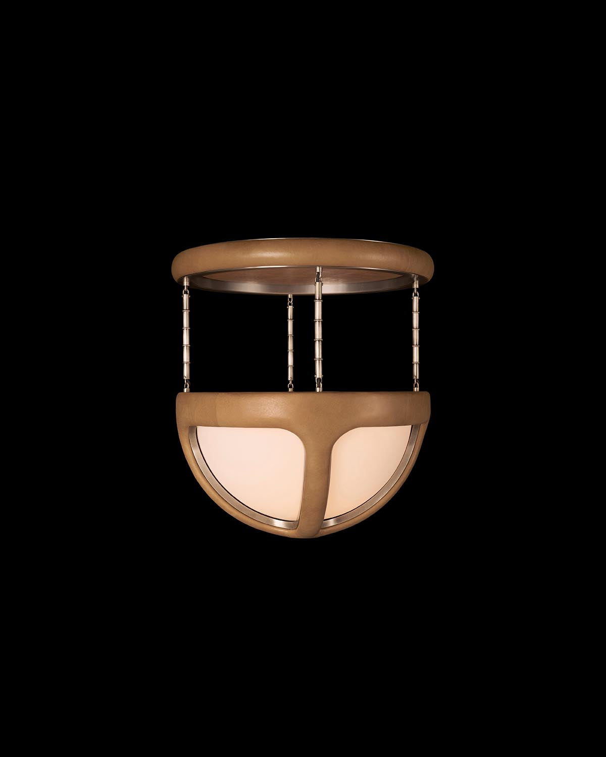 Suspended ceiling light fixture with rounded bronze frame and frosted glass panels against black background