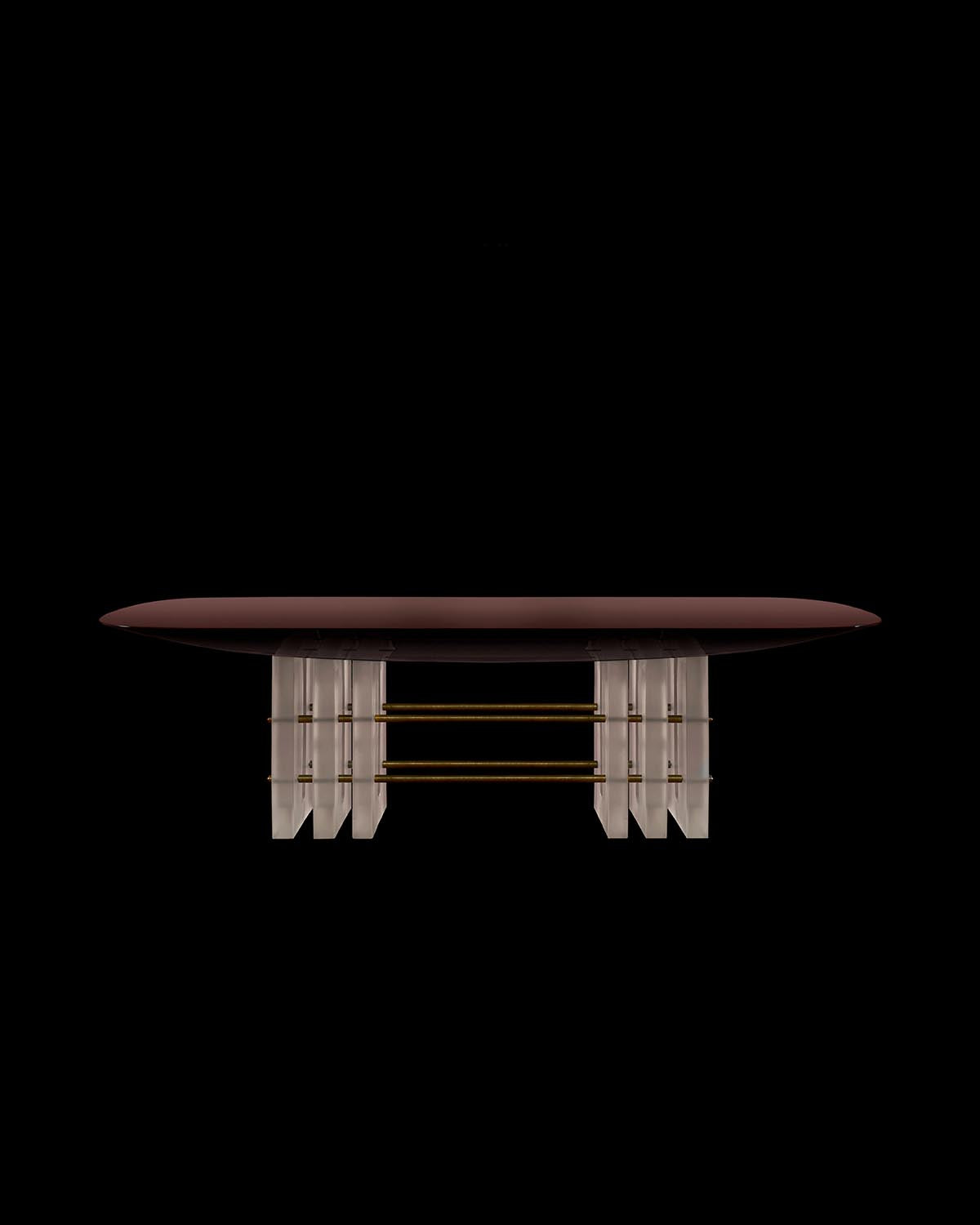 Oval dark wood dining table top supported by translucent vertical panels and horizontal brass rods against black background
