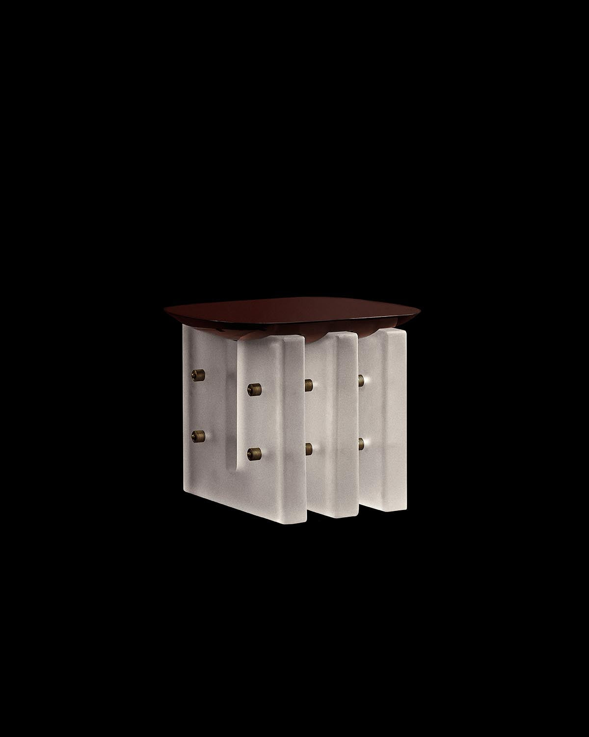Side table with a dark wooden top supported by three frosted translucent rectangular panels connected with brass fittings on black background