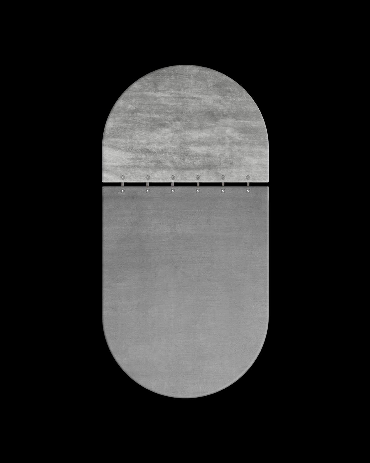 Two overlapping carpet panels with rounded edges connected by visible metal bolts on a black background