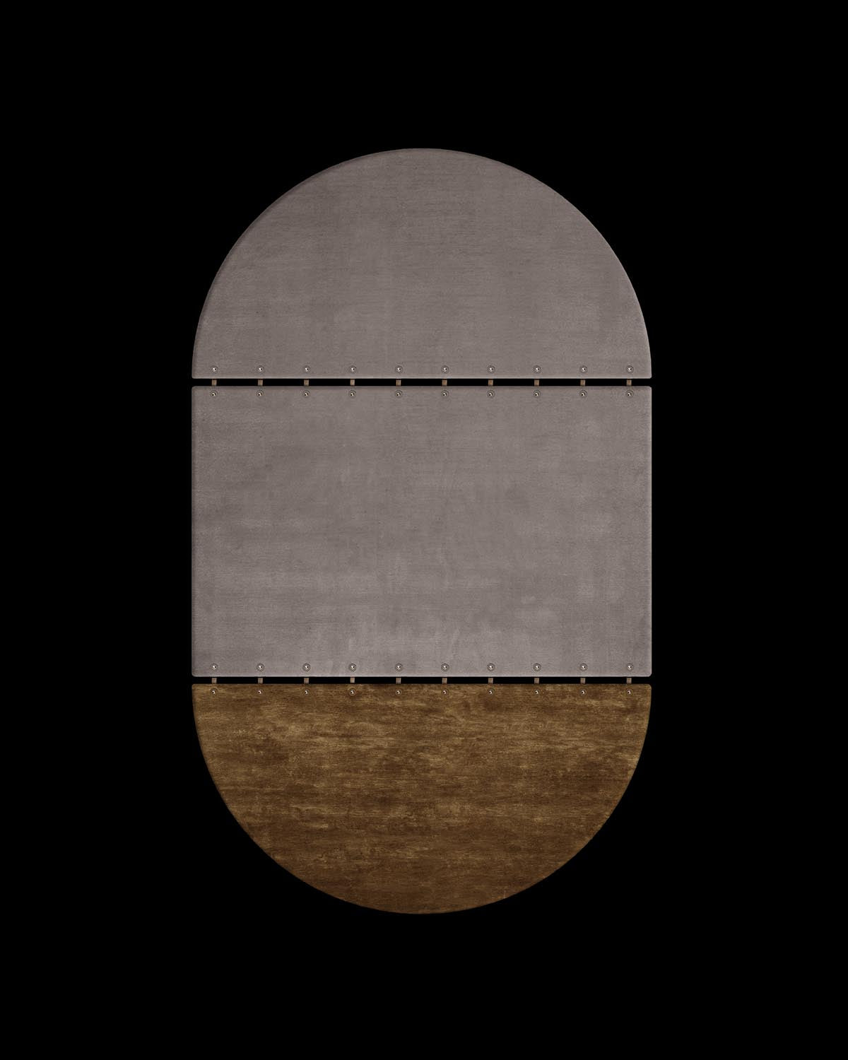 Abstract geometric rug featuring semi-circles and a rectangle in muted grey and brown tones on black background