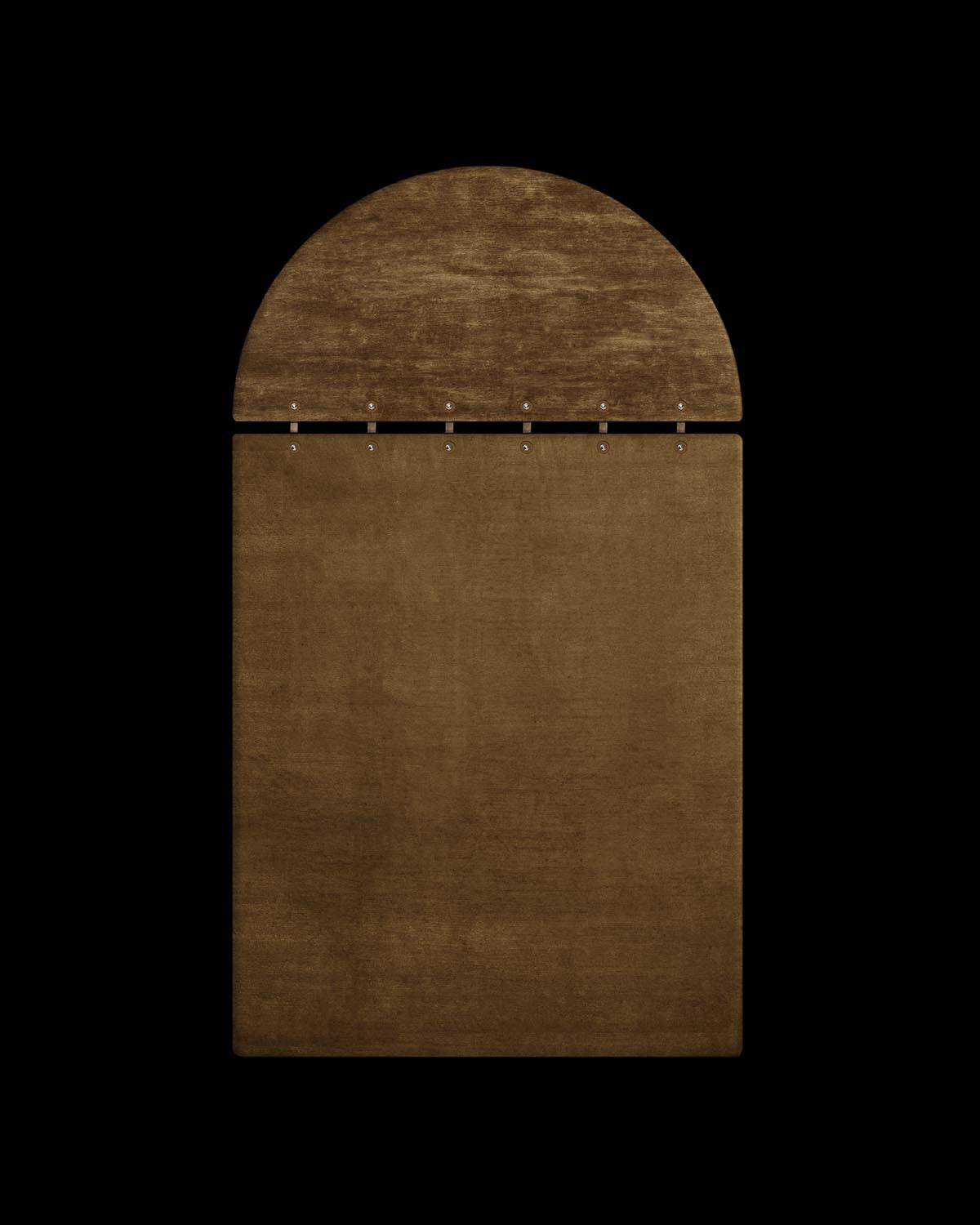 Top semi-circular and matching rectangular panels in textured brown material connected by small metal hooks on black background