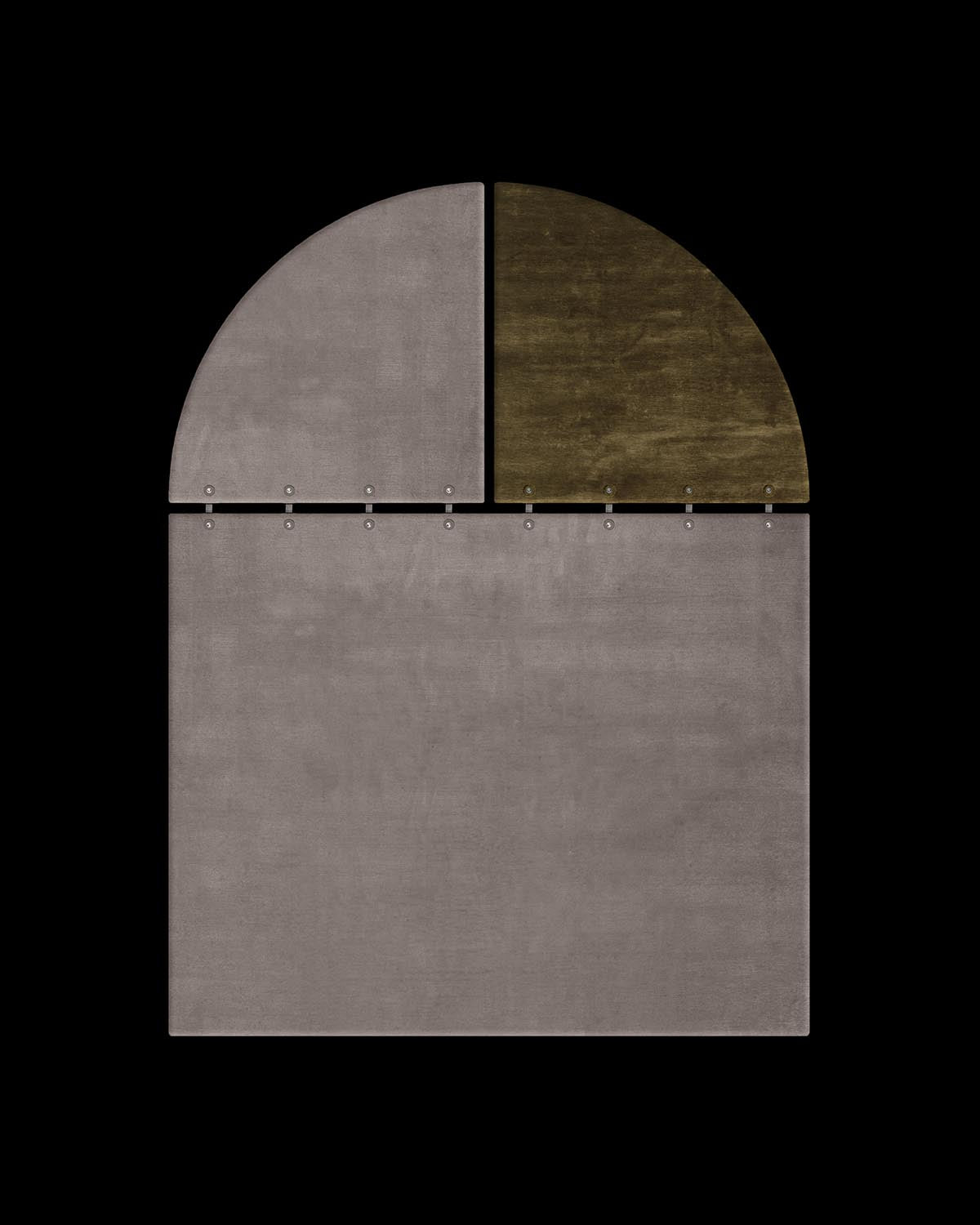 Abstract geometric wall panel with two semicircles in muted brown tones above a large rectangular base on black background