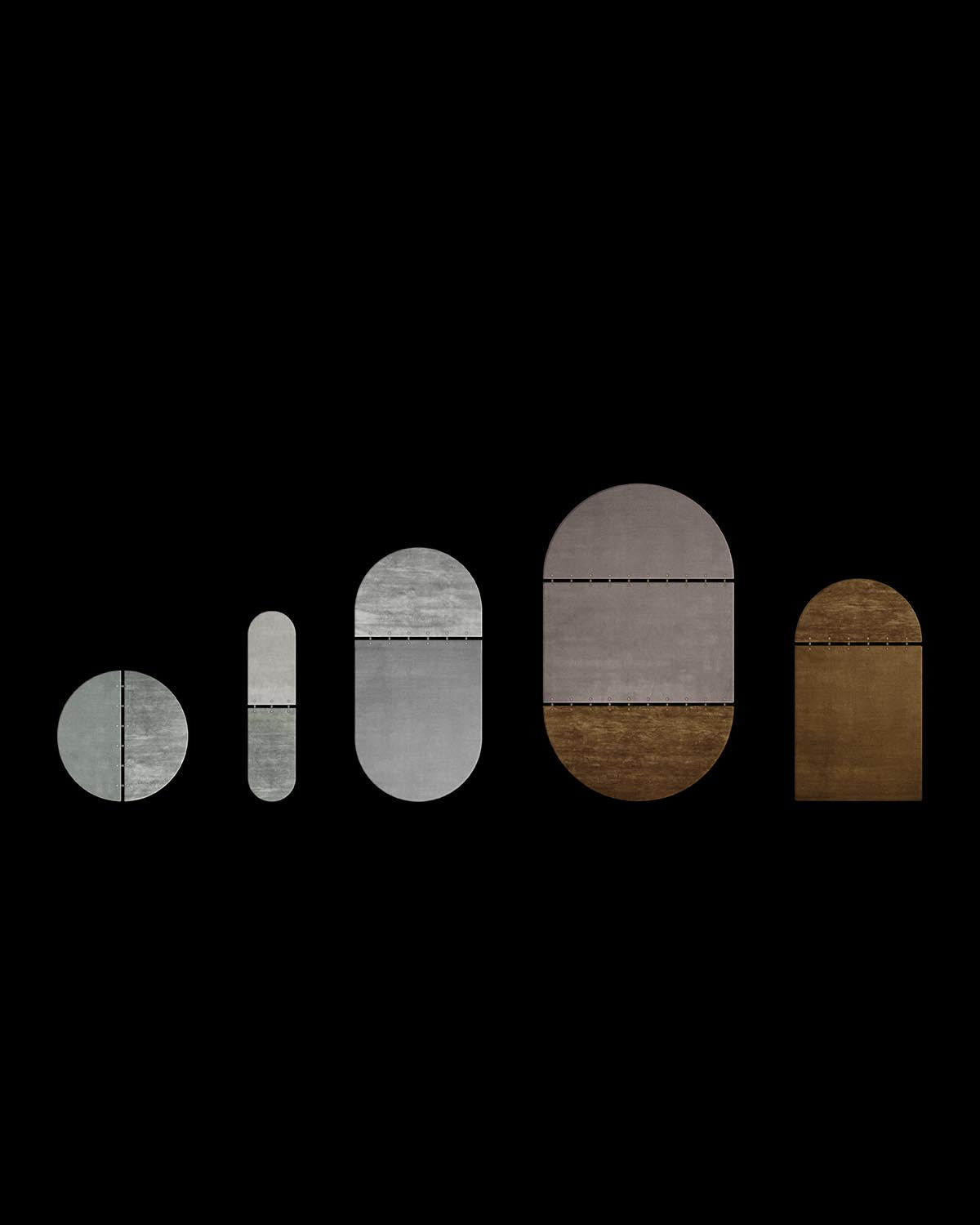 Five abstract pill-shaped forms in varying sizes and earthy tones arranged on a black background