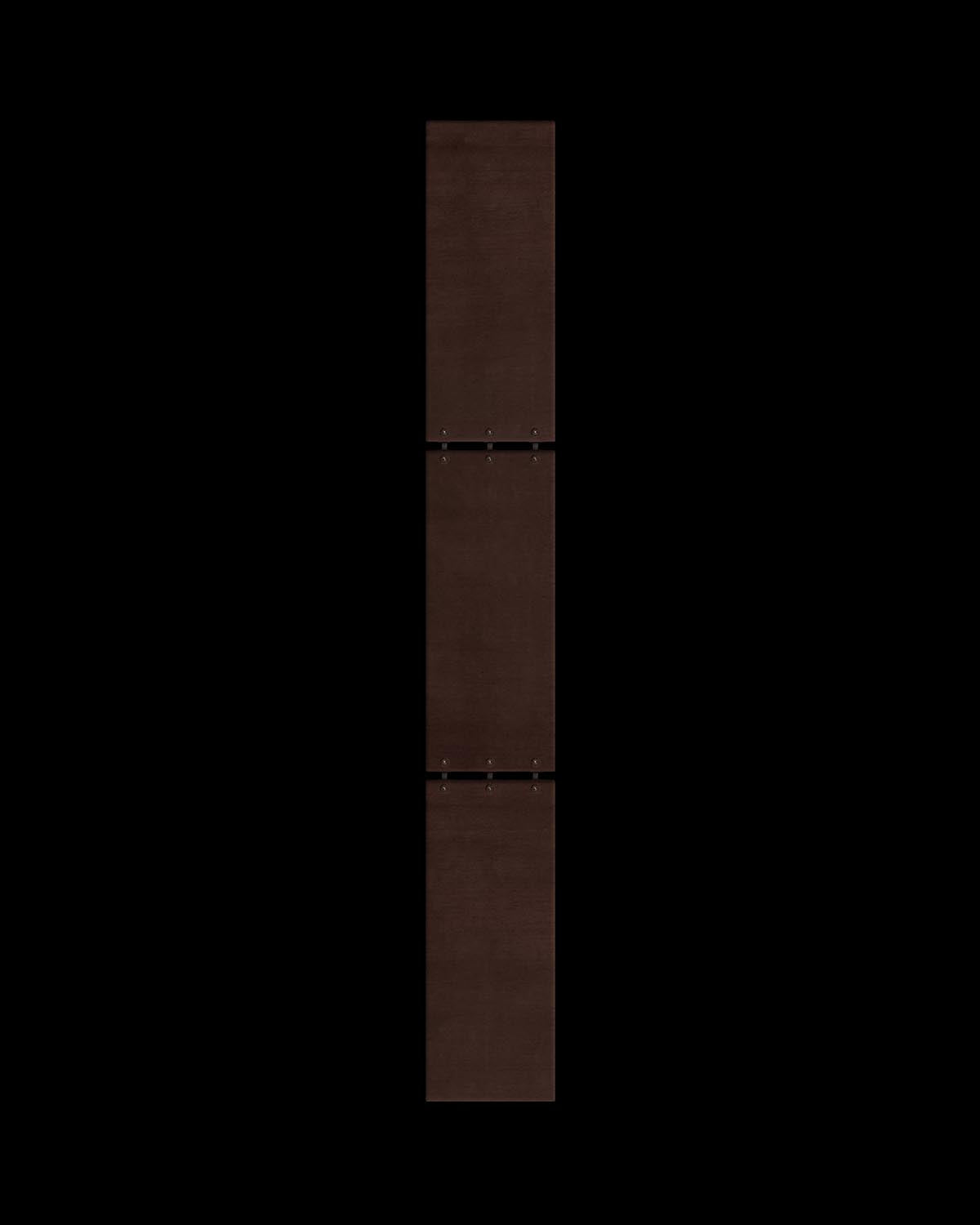 Vertical dark brown leather panel with visible stitching and metal rivets on a black background