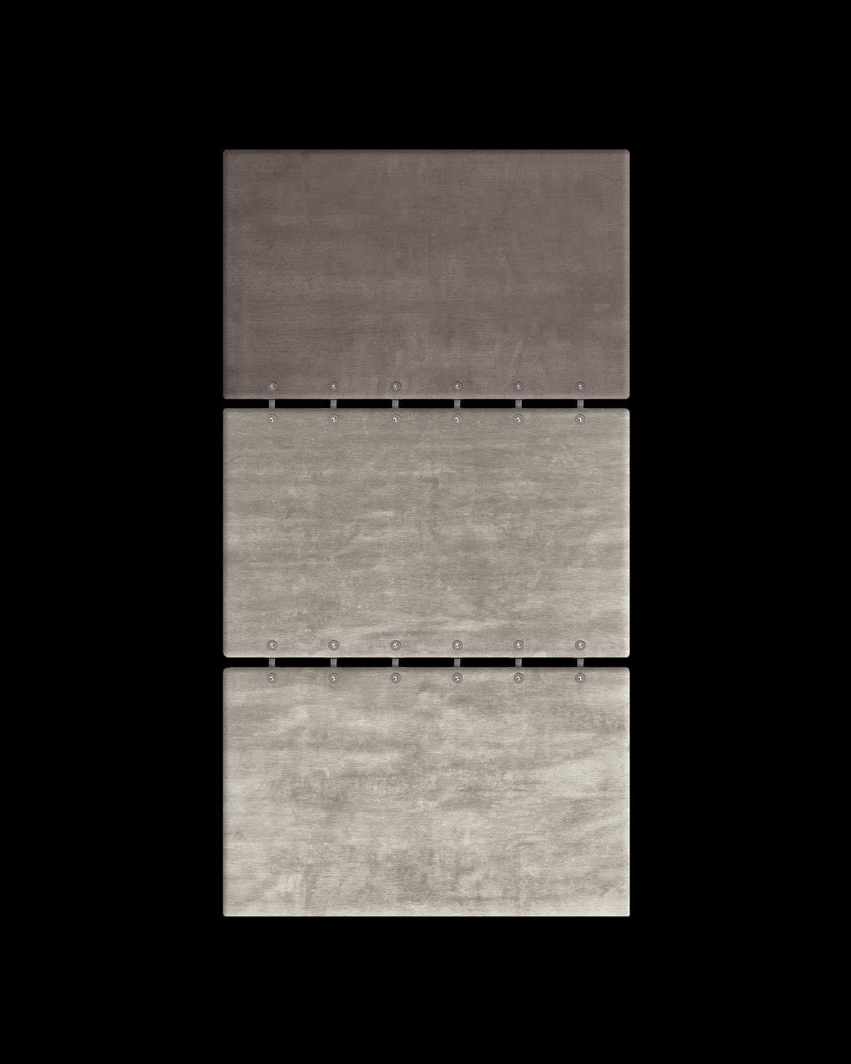 Three rectangular rug panels in varying shades of gray with circular metal connectors on a black background