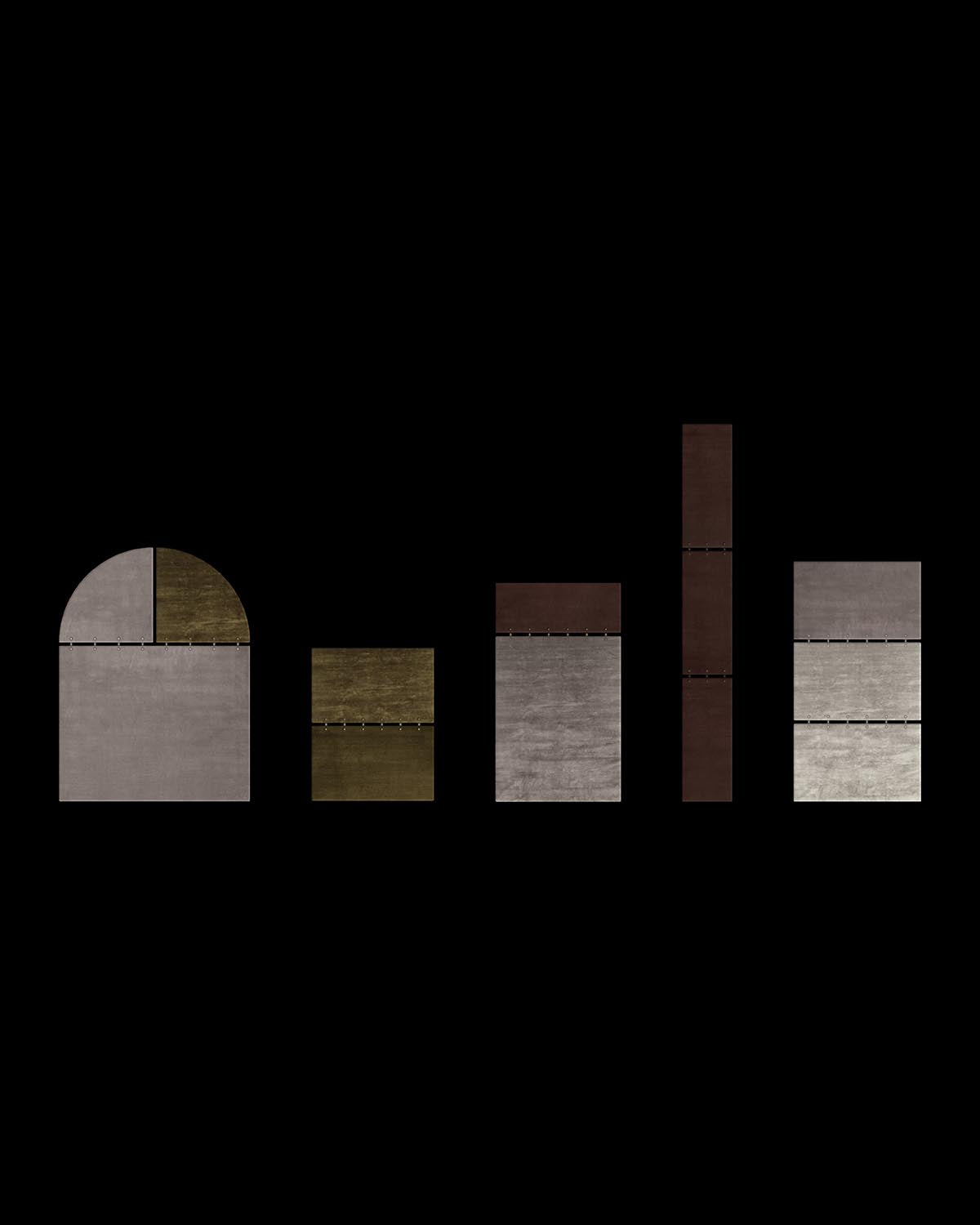 Set of five geometric shapes with textured surfaces in muted earth tones arranged on black background