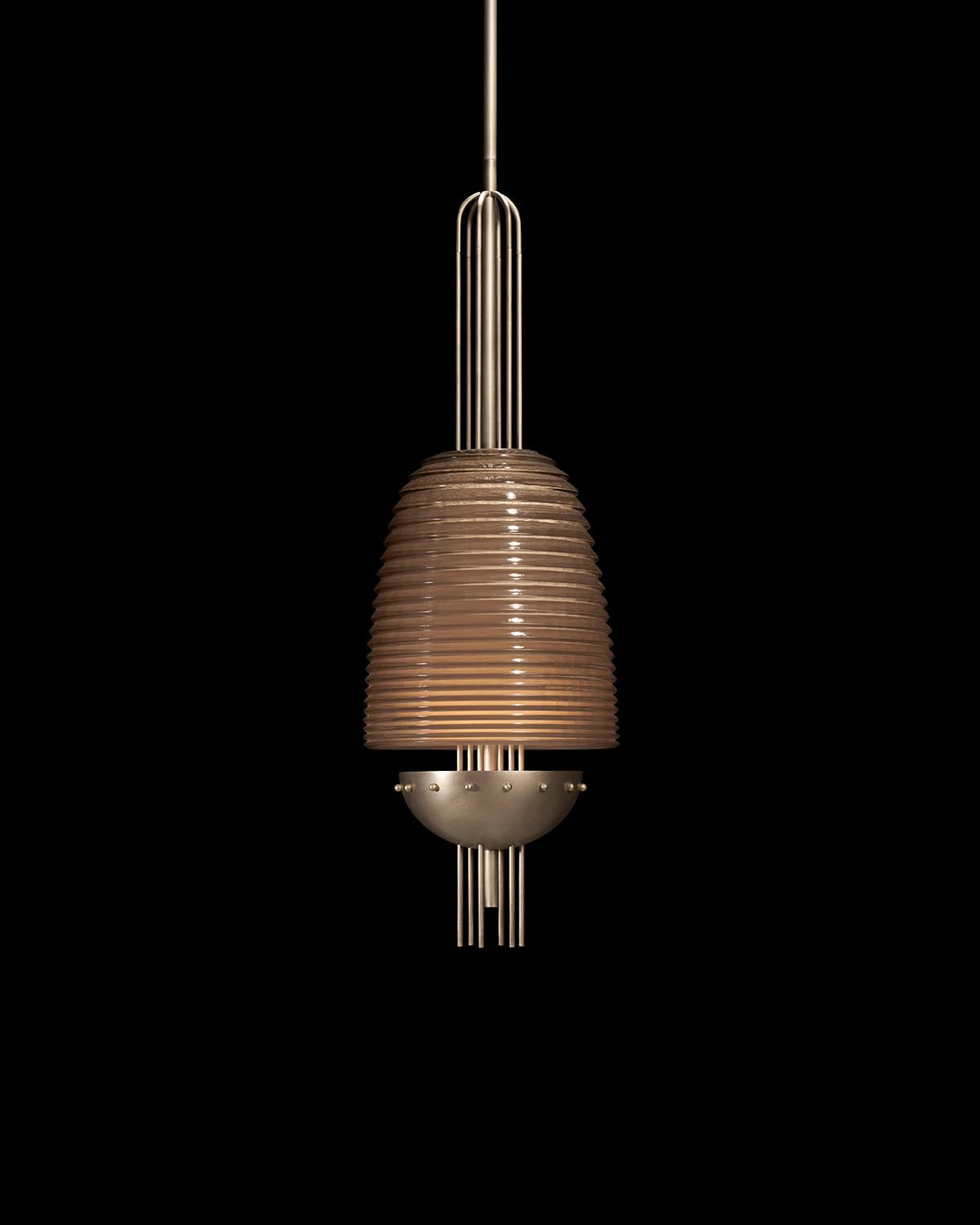 Modern pendant light with ribbed glass shade and metal rods, suspended against a black background