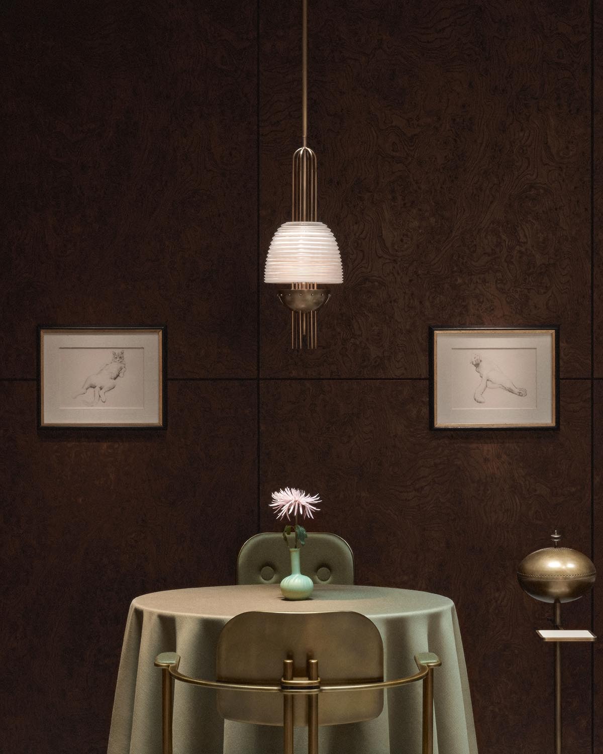 Minimalist pendant light with layered white shade above a round table with green vase and single flower, dark wood wall background