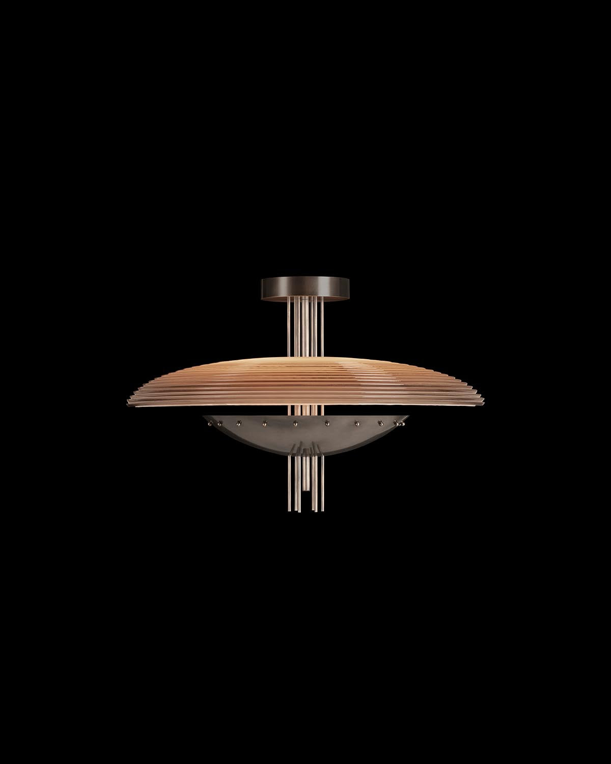 Modern ceiling light fixture with layered wooden slats and metal rods against a black background