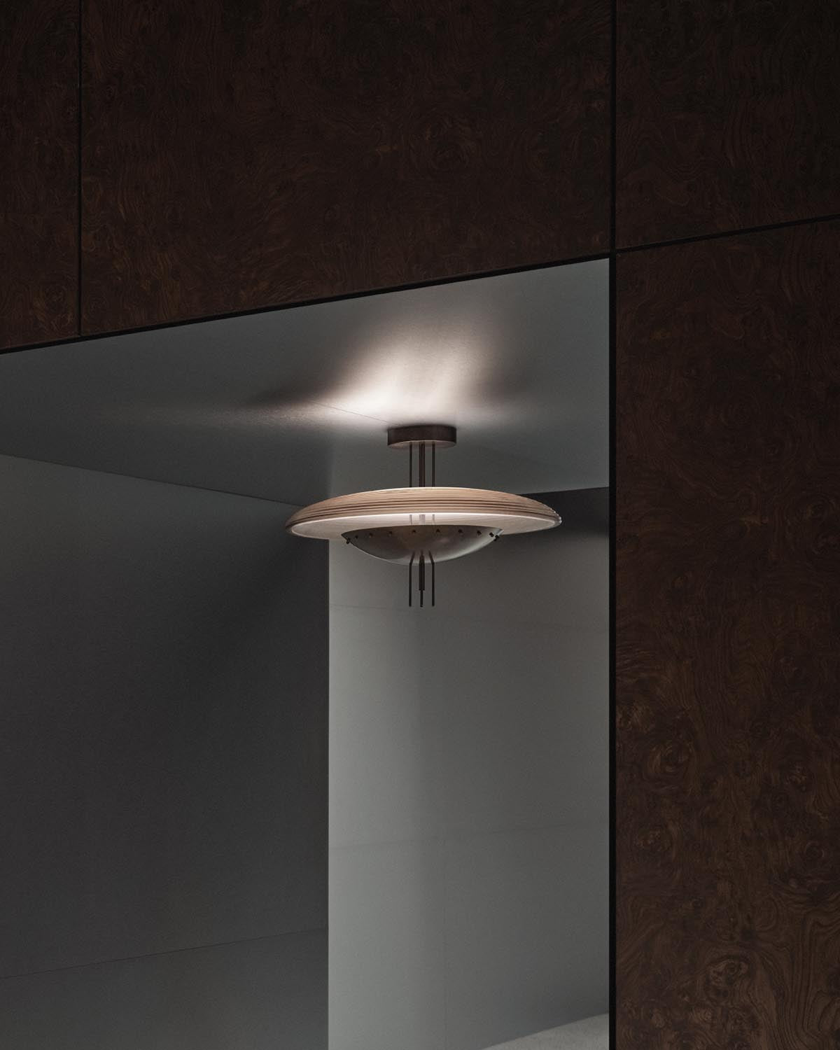 Modern ceiling light fixture with circular wooden shade and metal details mounted on a dark reflective ceiling panel