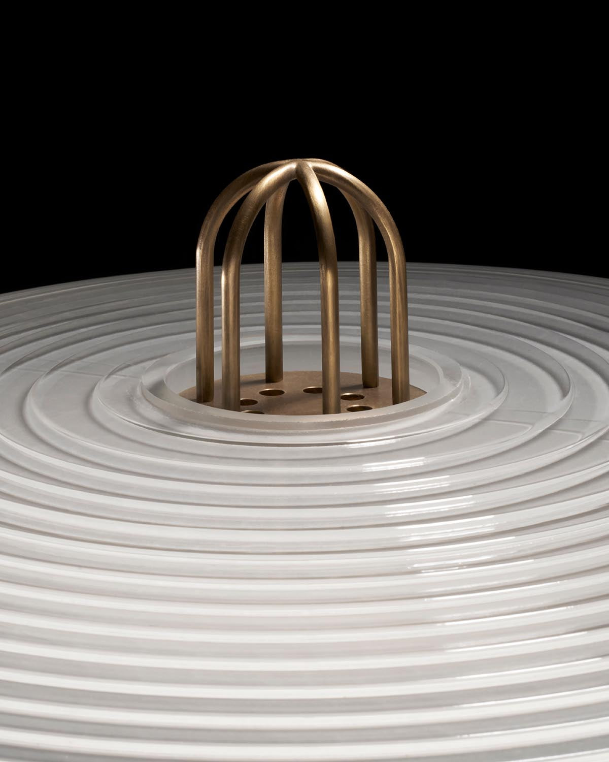 Close-up of concentric white circular rings with a bronze cage-like structure emerging from the center against a black background