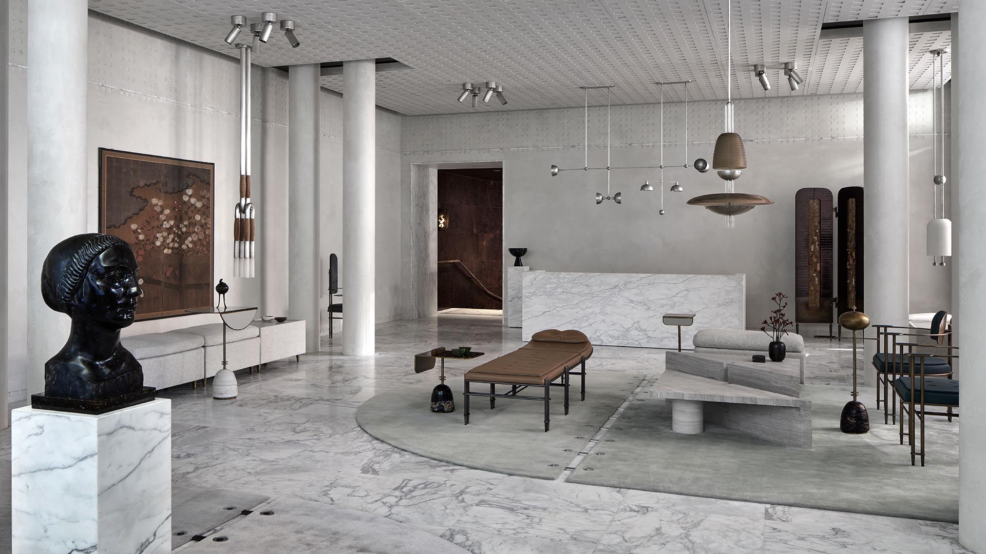 Modern interior with marble floors, sculptural furniture, pendant lights, and a black bust on a pedestal.