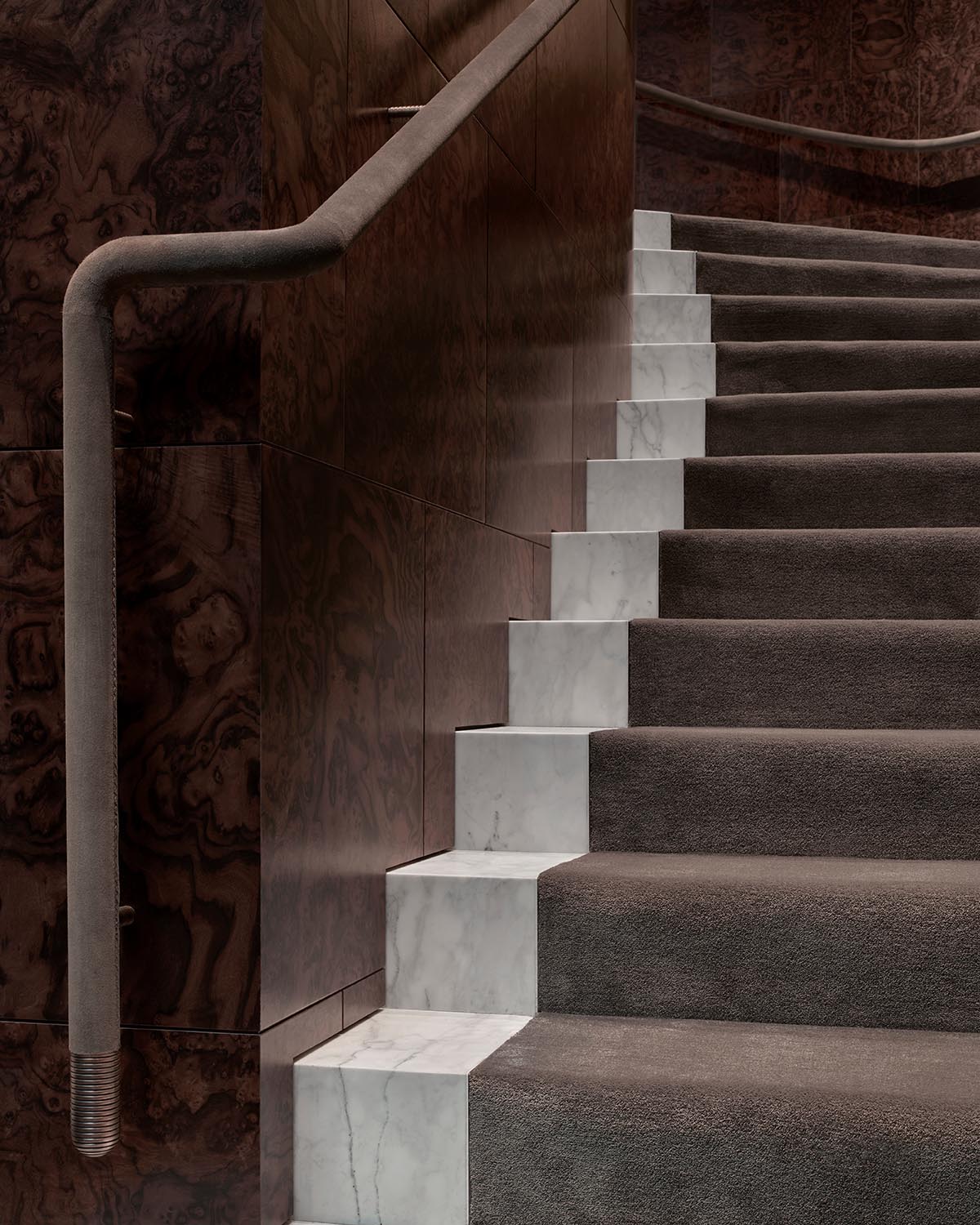 Carpeted staircase with white marble step edges and a curved textured handrail against dark wood-paneled walls