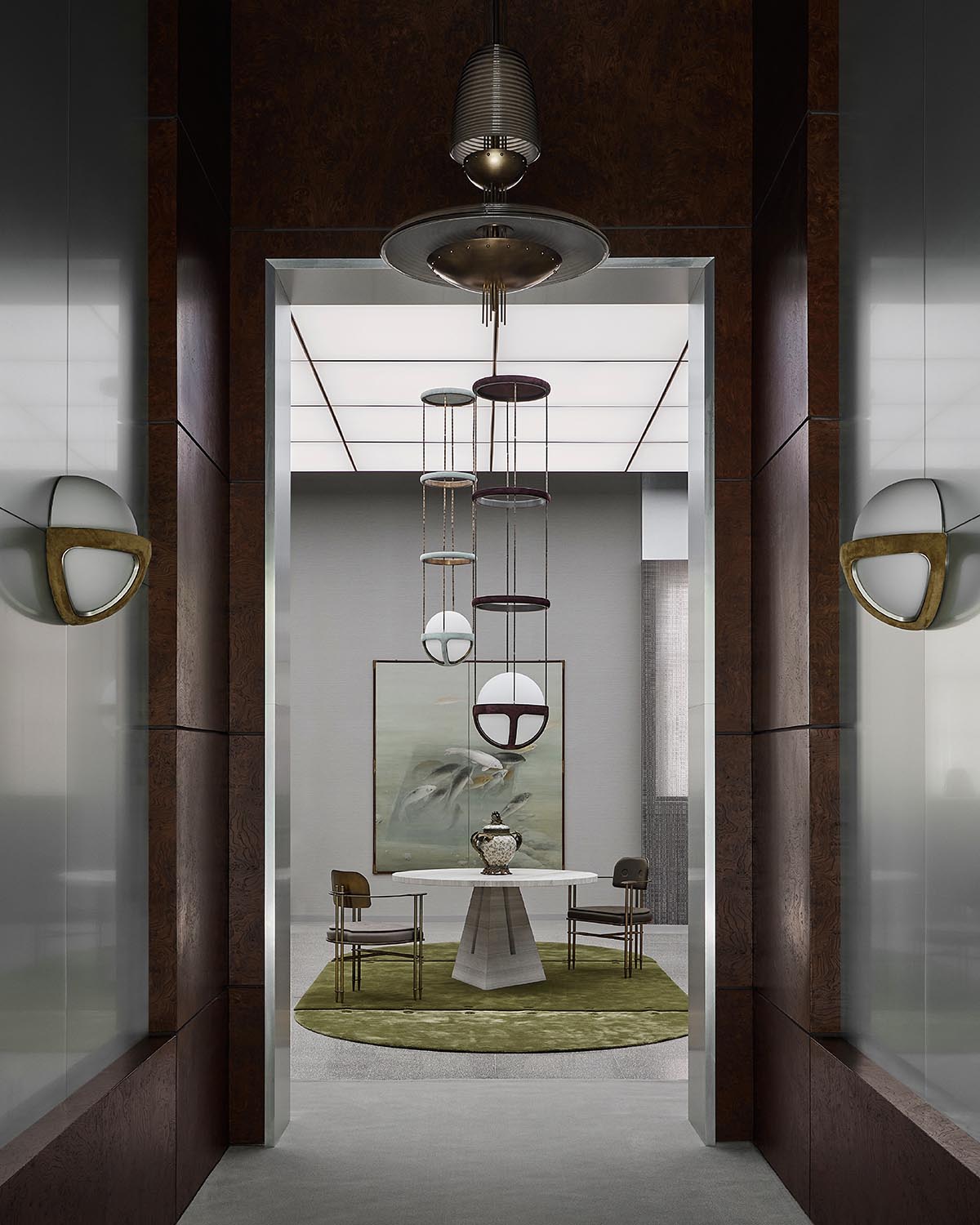 Modern dining area with a round white table on a green rug, two chairs, abstract pendant lights, and framed artwork on the wall