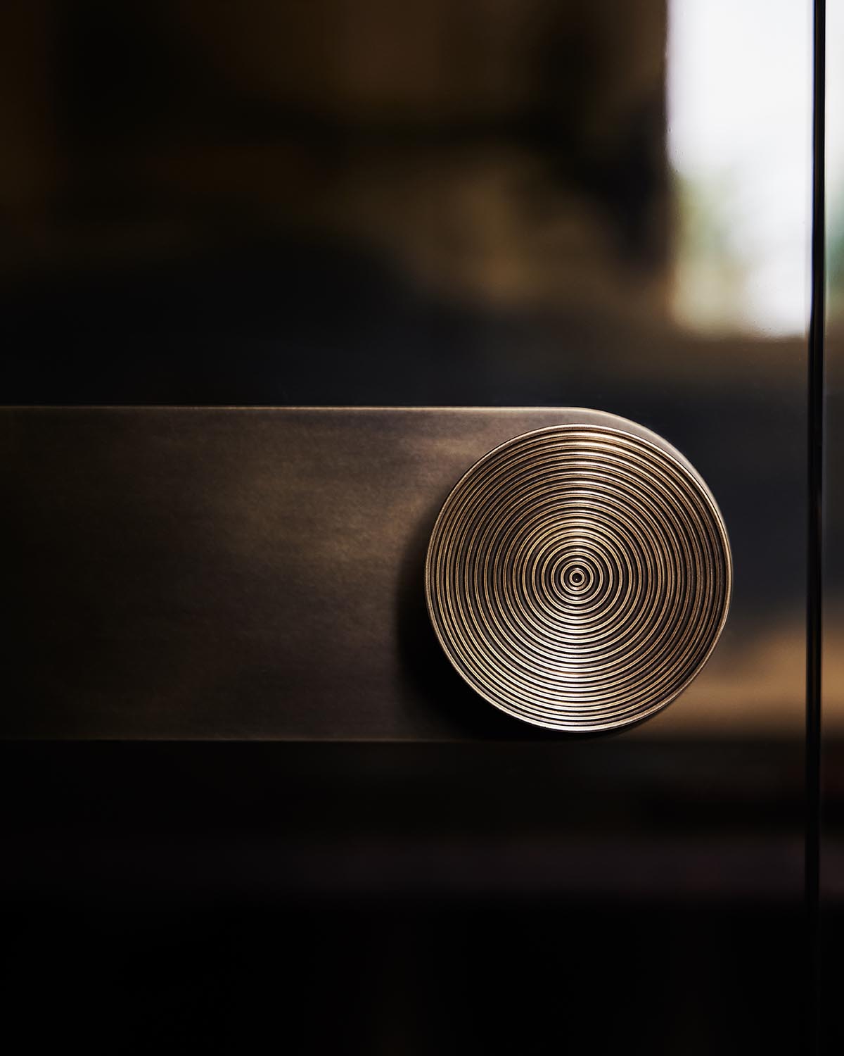 Close-up of a round metallic door handle with concentric circle pattern on a dark reflective surface