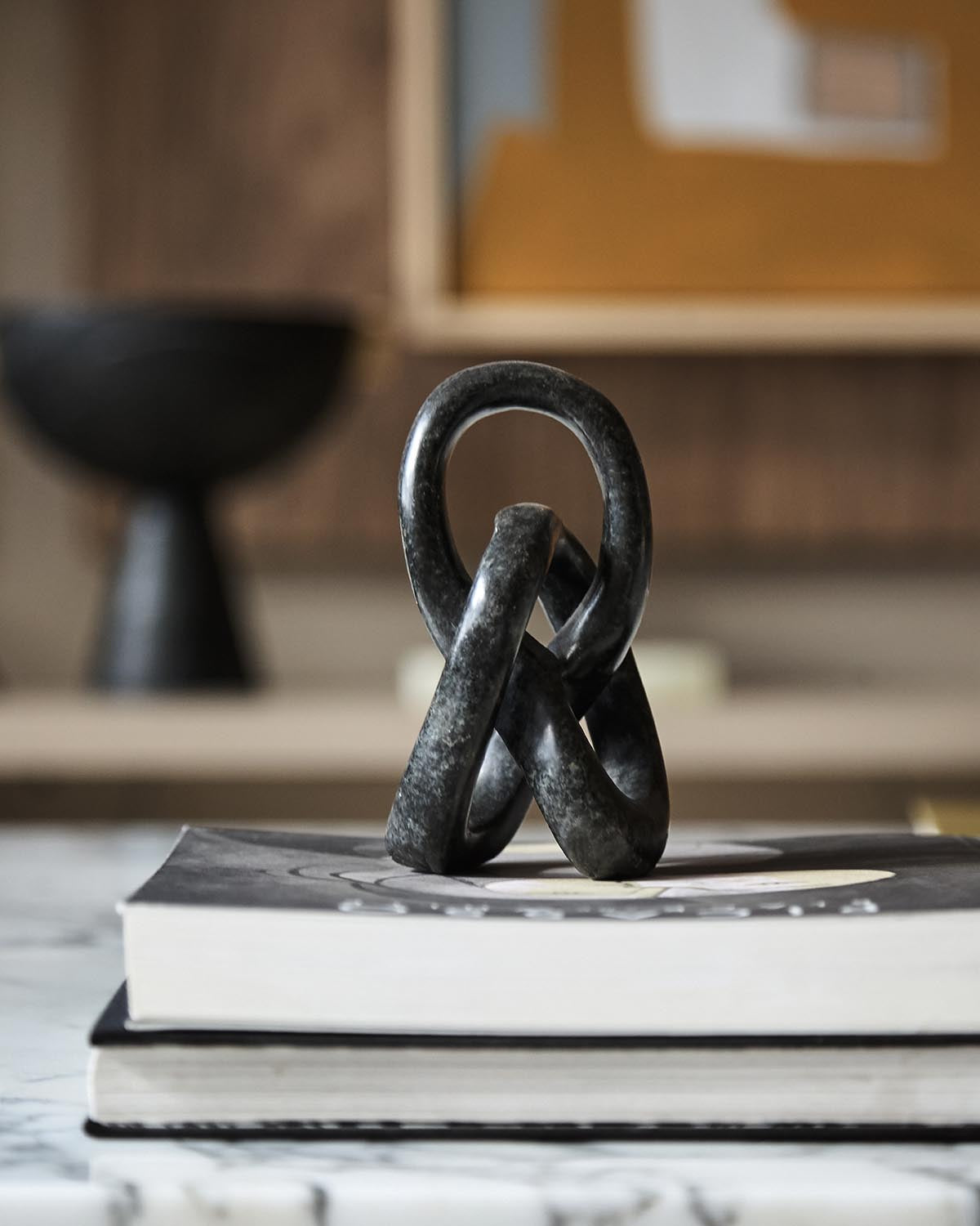 Abstract black intertwined stone sculpture placed on stacked hardcover books on a marble surface with blurred background objects