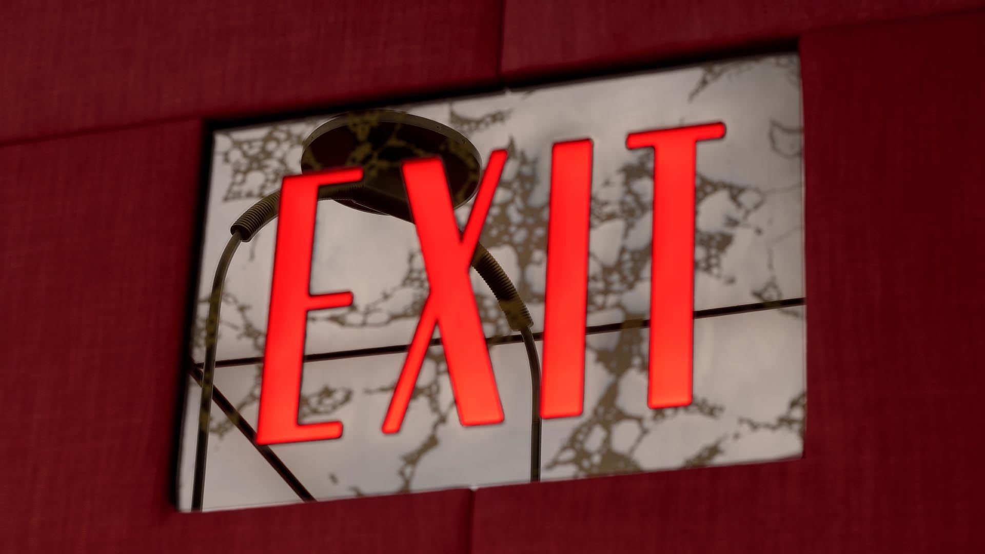 Red illuminated EXIT sign with reflective surface and marble-patterned background on a red wall panel