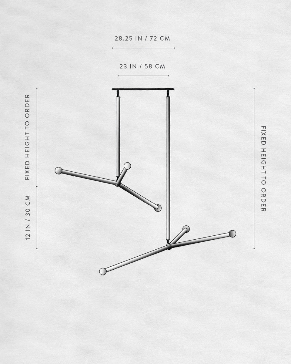 Technical line drawing of a modern multi-arm hanging light fixture with dimensions labeled in inches and centimeters