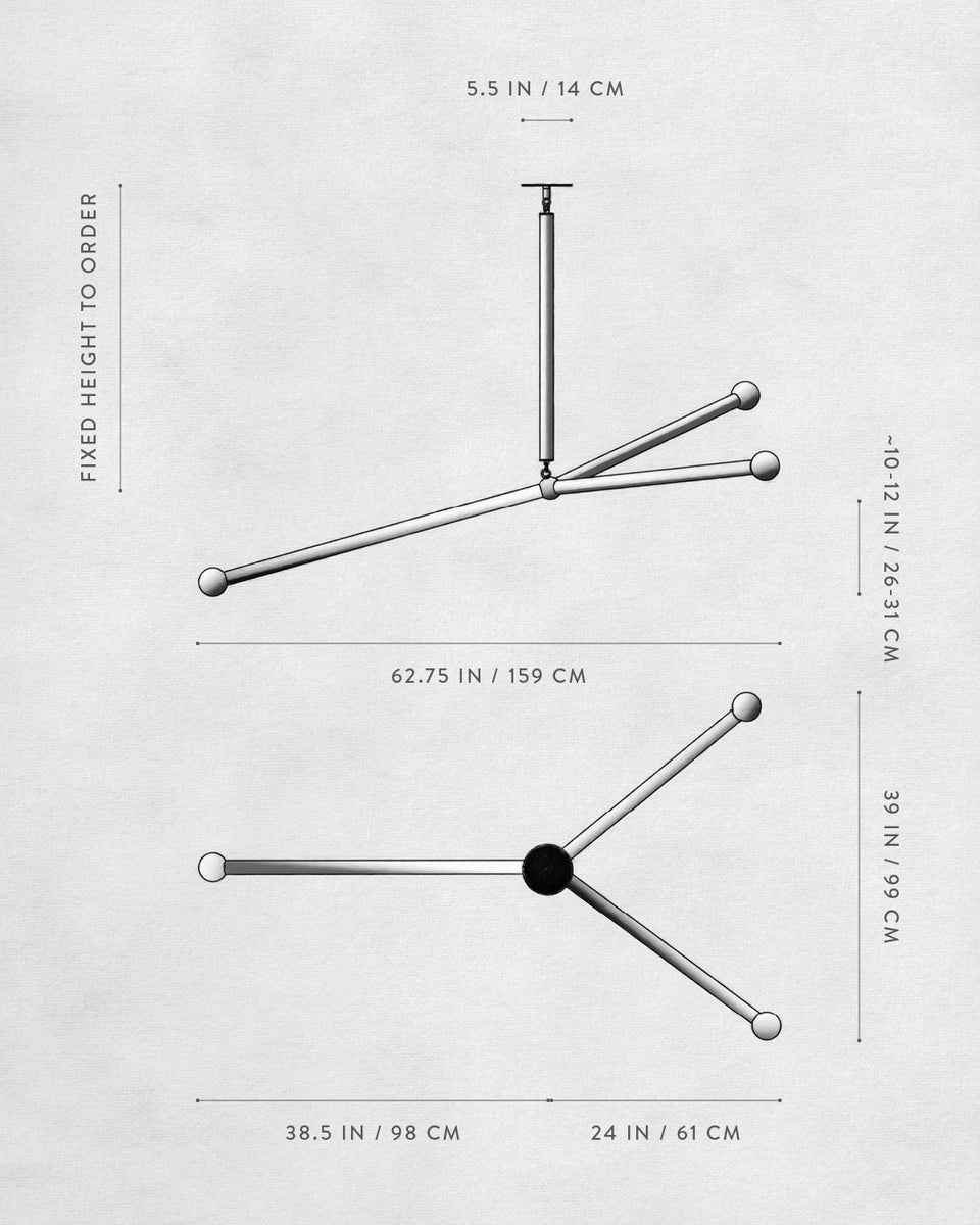Technical drawing of a multi-arm structure with labeled dimensions on a light textured background