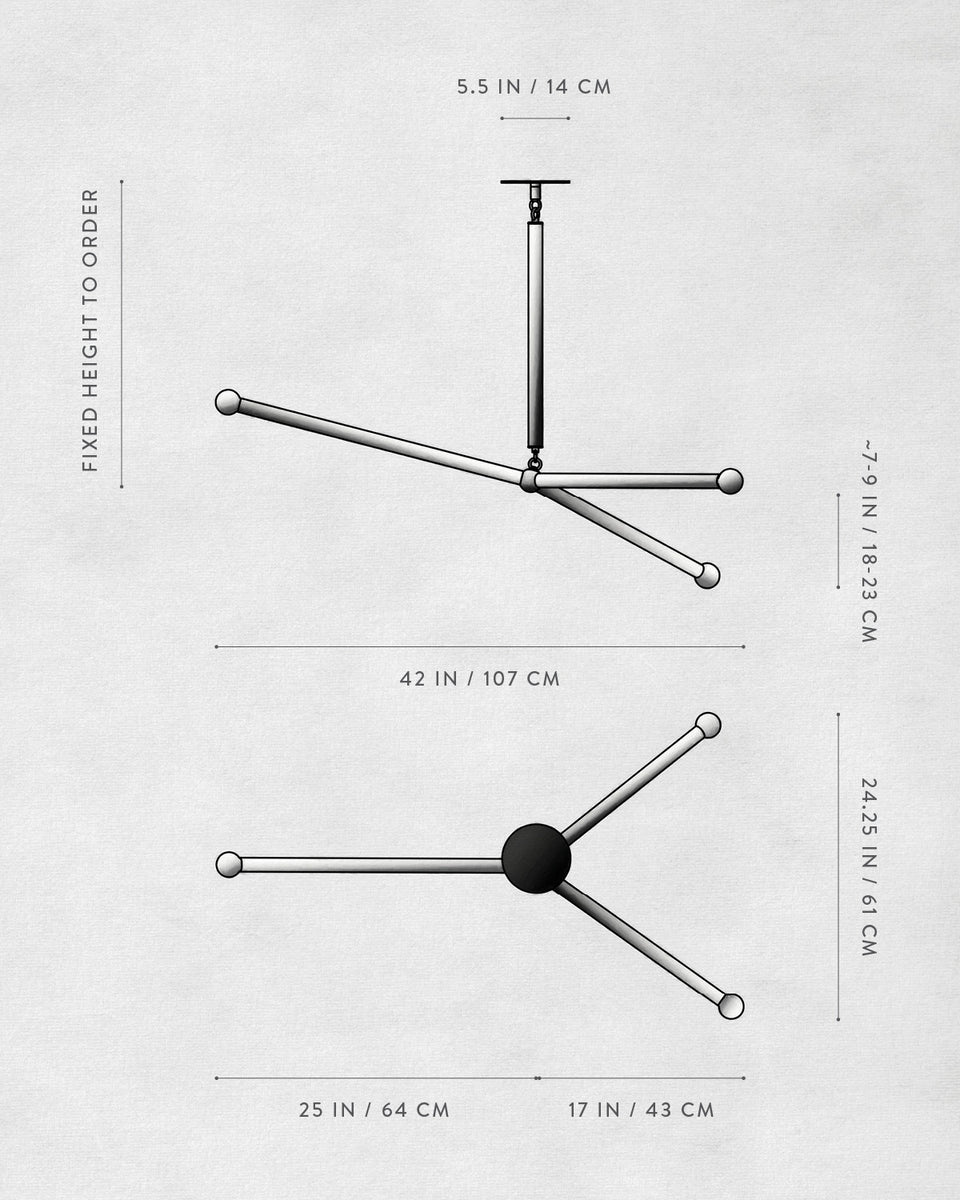 Technical drawing of a three-arm ceiling fixture with labeled dimensions in inches and centimeters on a light background