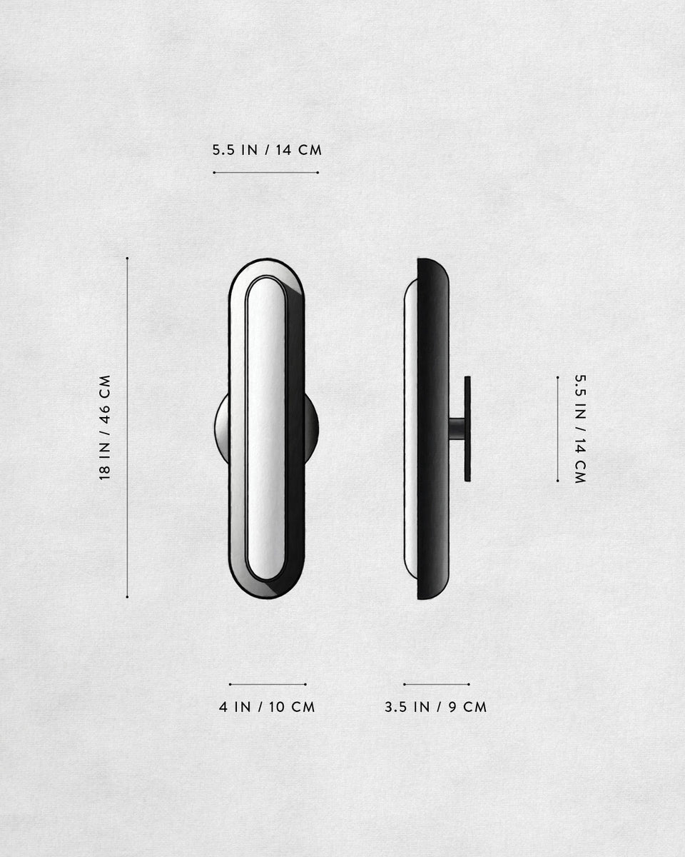 Front and side views of a sleek, elongated device with dimensions marked on a plain white background